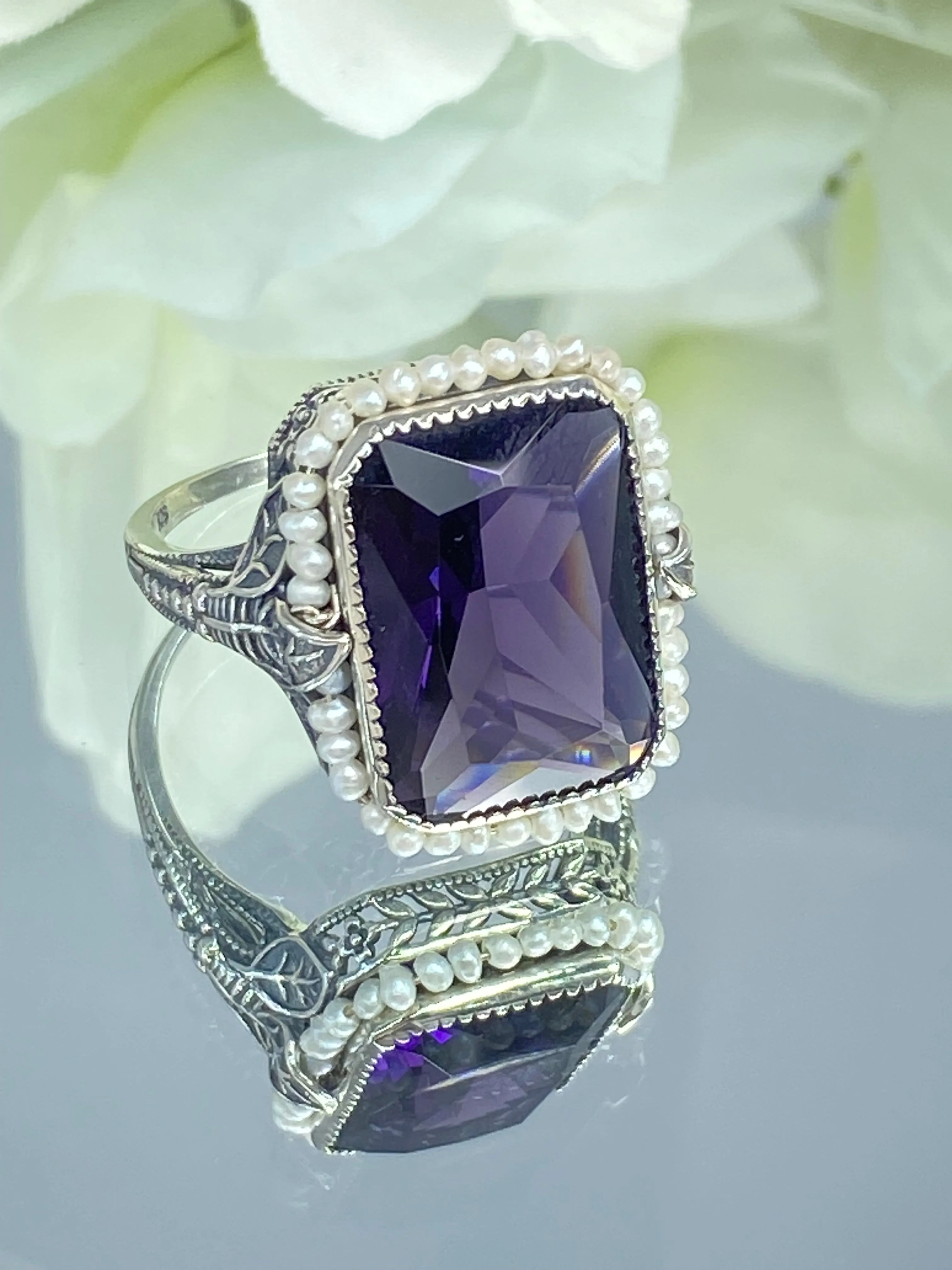 Amethyst Ring, Size 11, Seed Pearl Frame, Silver Leaf Filigree, Victorian Jewelry #D234 - Ready to Ship