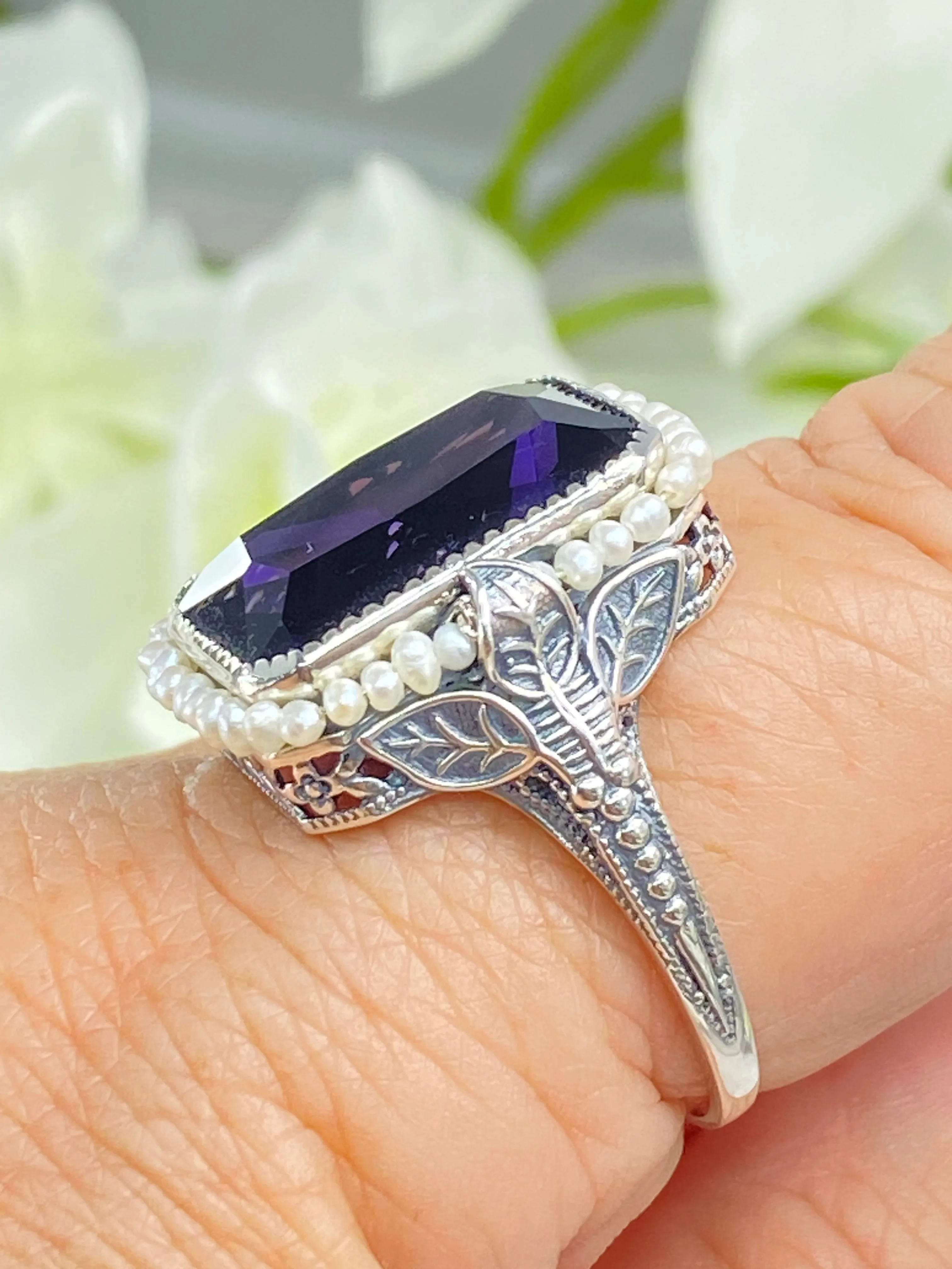 Amethyst Ring, Size 11, Seed Pearl Frame, Silver Leaf Filigree, Victorian Jewelry #D234 - Ready to Ship