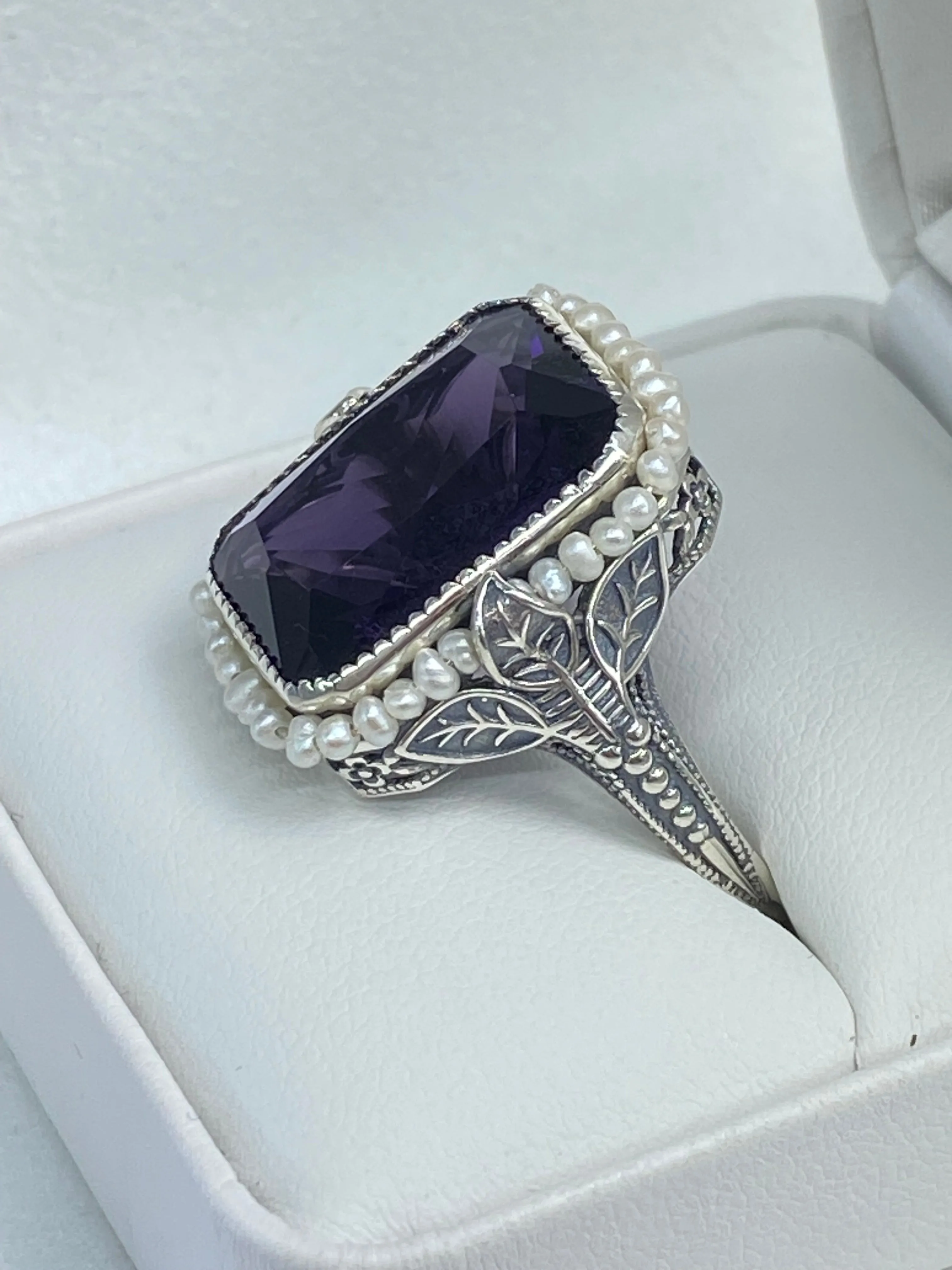 Amethyst Ring, Size 11, Seed Pearl Frame, Silver Leaf Filigree, Victorian Jewelry #D234 - Ready to Ship