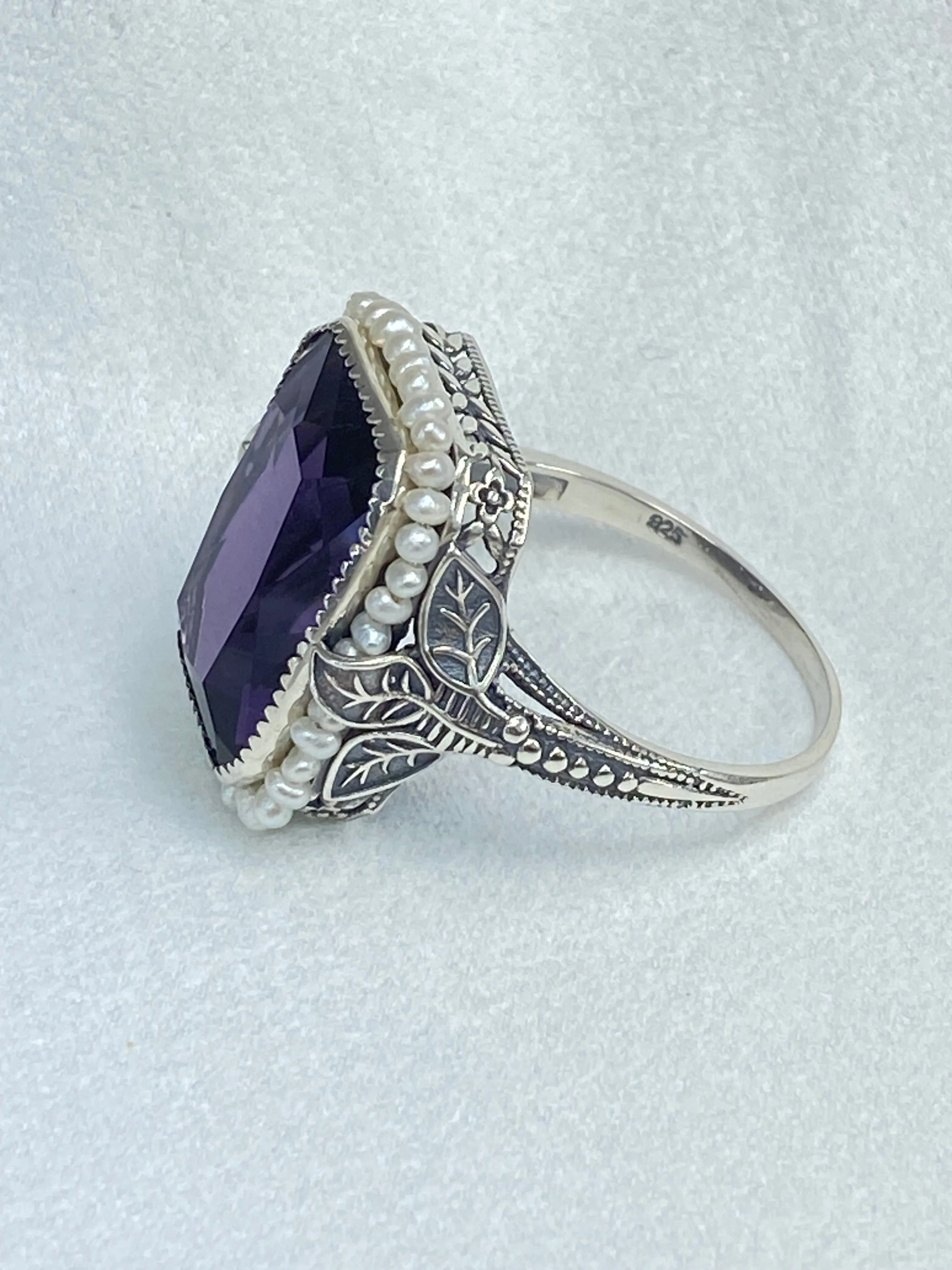 Amethyst Ring, Size 11, Seed Pearl Frame, Silver Leaf Filigree, Victorian Jewelry #D234 - Ready to Ship
