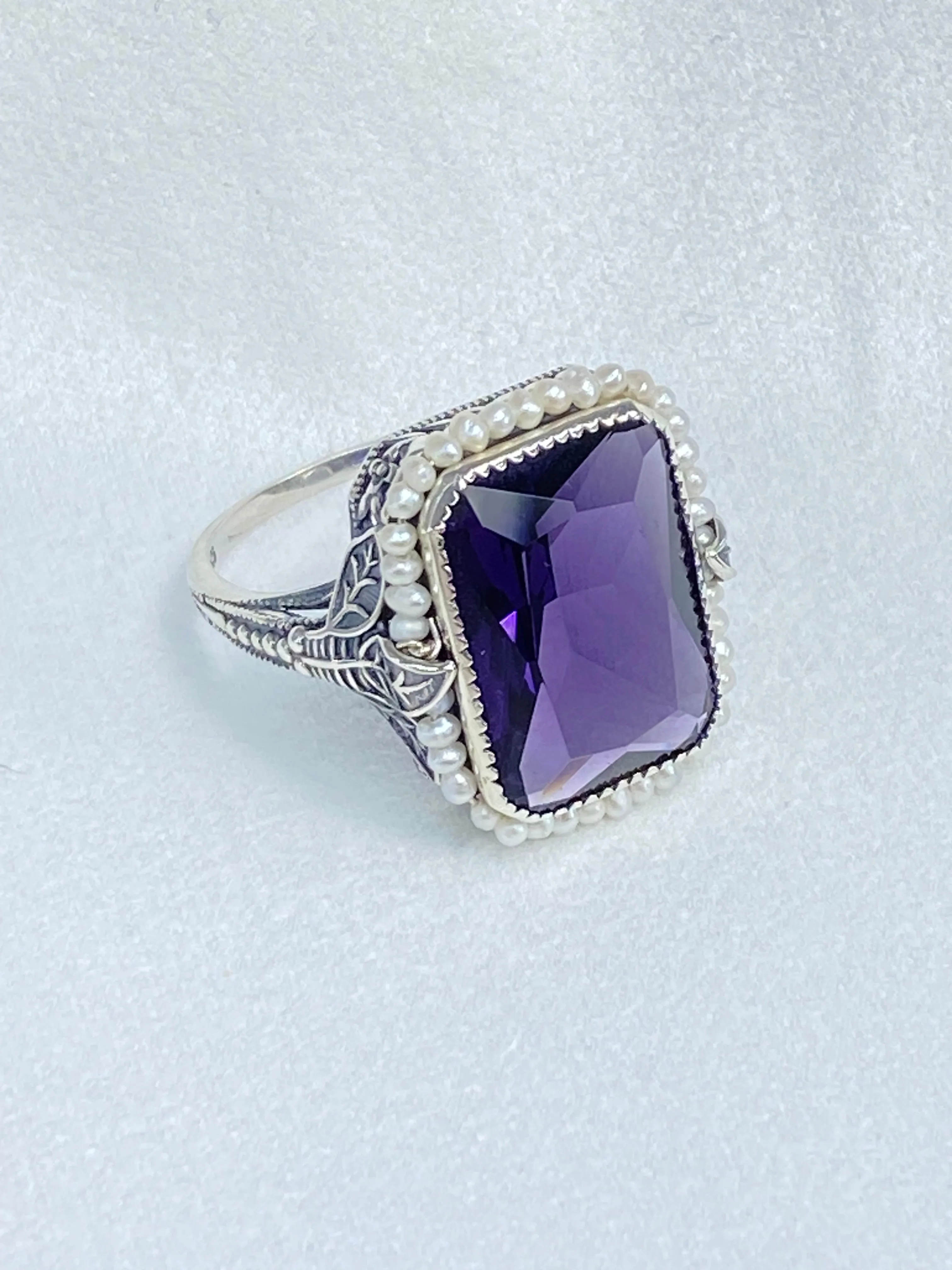 Amethyst Ring, Size 11, Seed Pearl Frame, Silver Leaf Filigree, Victorian Jewelry #D234 - Ready to Ship