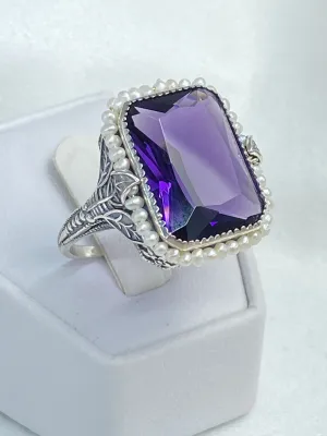 Amethyst Ring, Size 11, Seed Pearl Frame, Silver Leaf Filigree, Victorian Jewelry #D234 - Ready to Ship