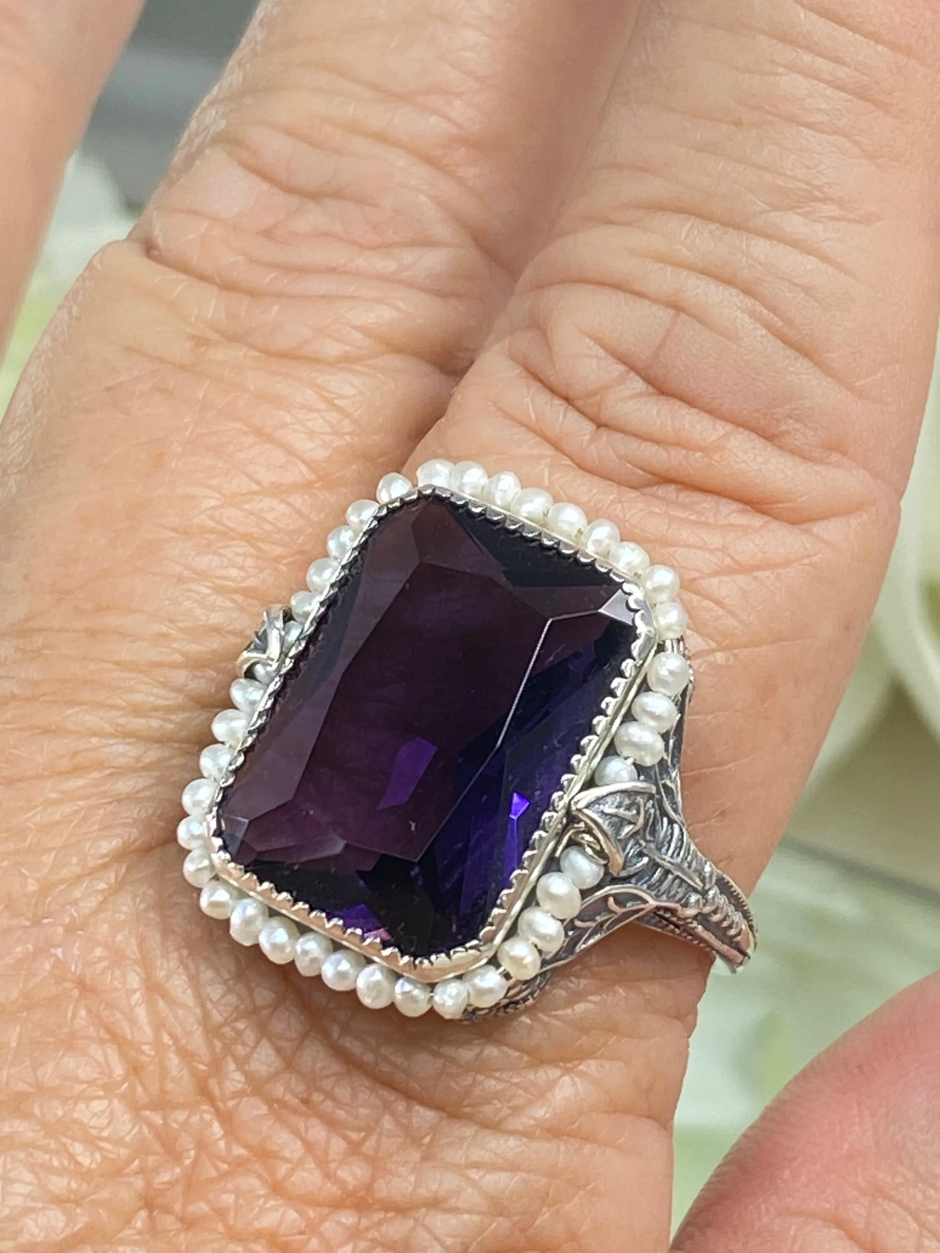 Amethyst Ring, Size 11, Seed Pearl Frame, Silver Leaf Filigree, Victorian Jewelry #D234 - Ready to Ship