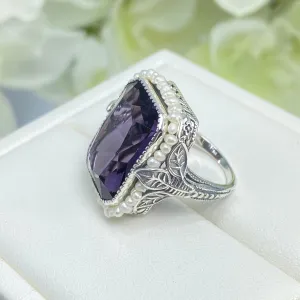 Amethyst Ring, Size 4, Purple Gem in Seed Pearl Frame, Silver Leaf Filigree, Victorian Jewelry #D234 - Ready to Ship