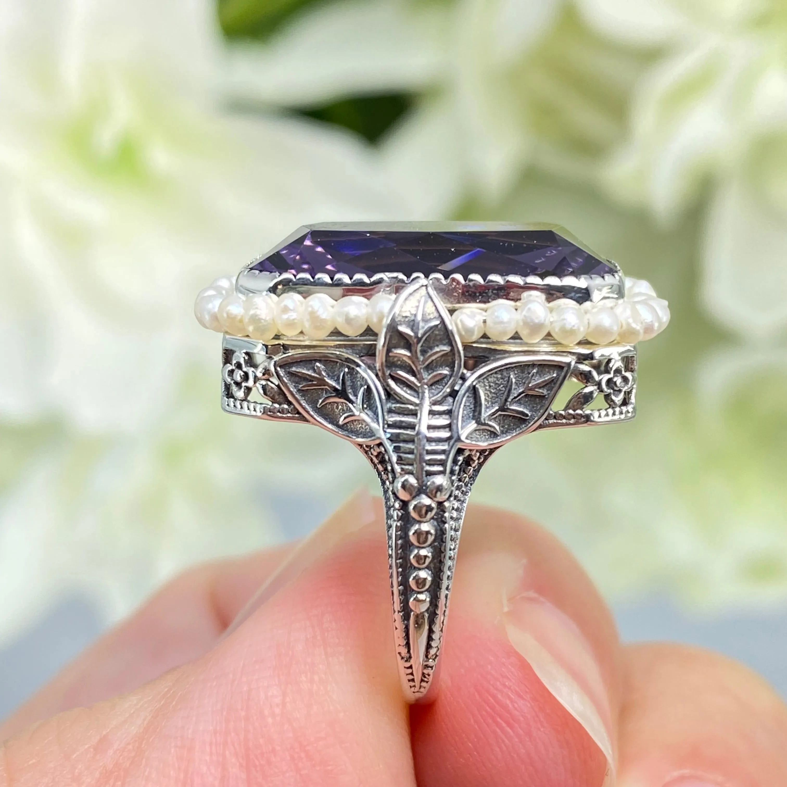Amethyst Ring, Size 4, Purple Gem in Seed Pearl Frame, Silver Leaf Filigree, Victorian Jewelry #D234 - Ready to Ship