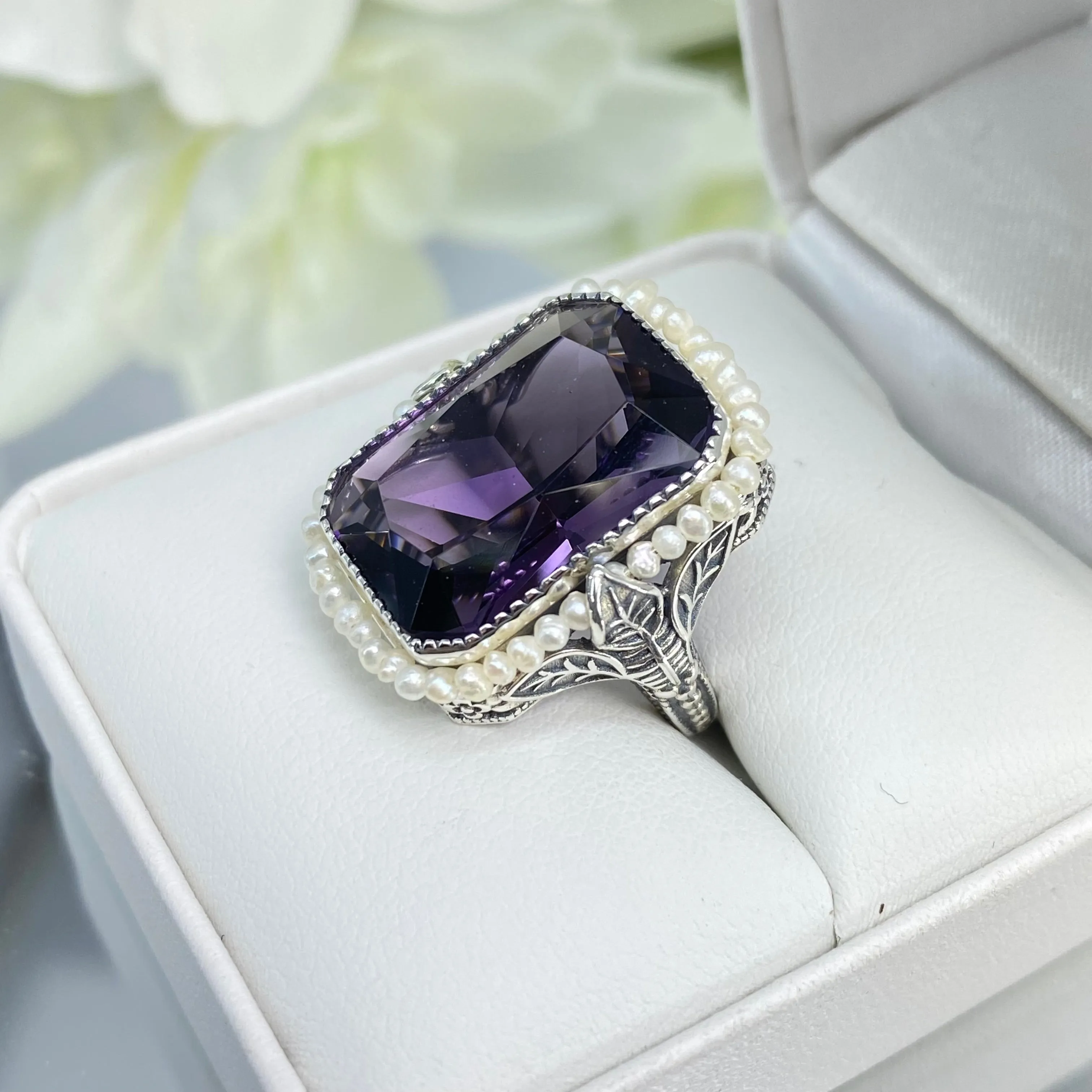 Amethyst Ring, Size 4, Purple Gem in Seed Pearl Frame, Silver Leaf Filigree, Victorian Jewelry #D234 - Ready to Ship
