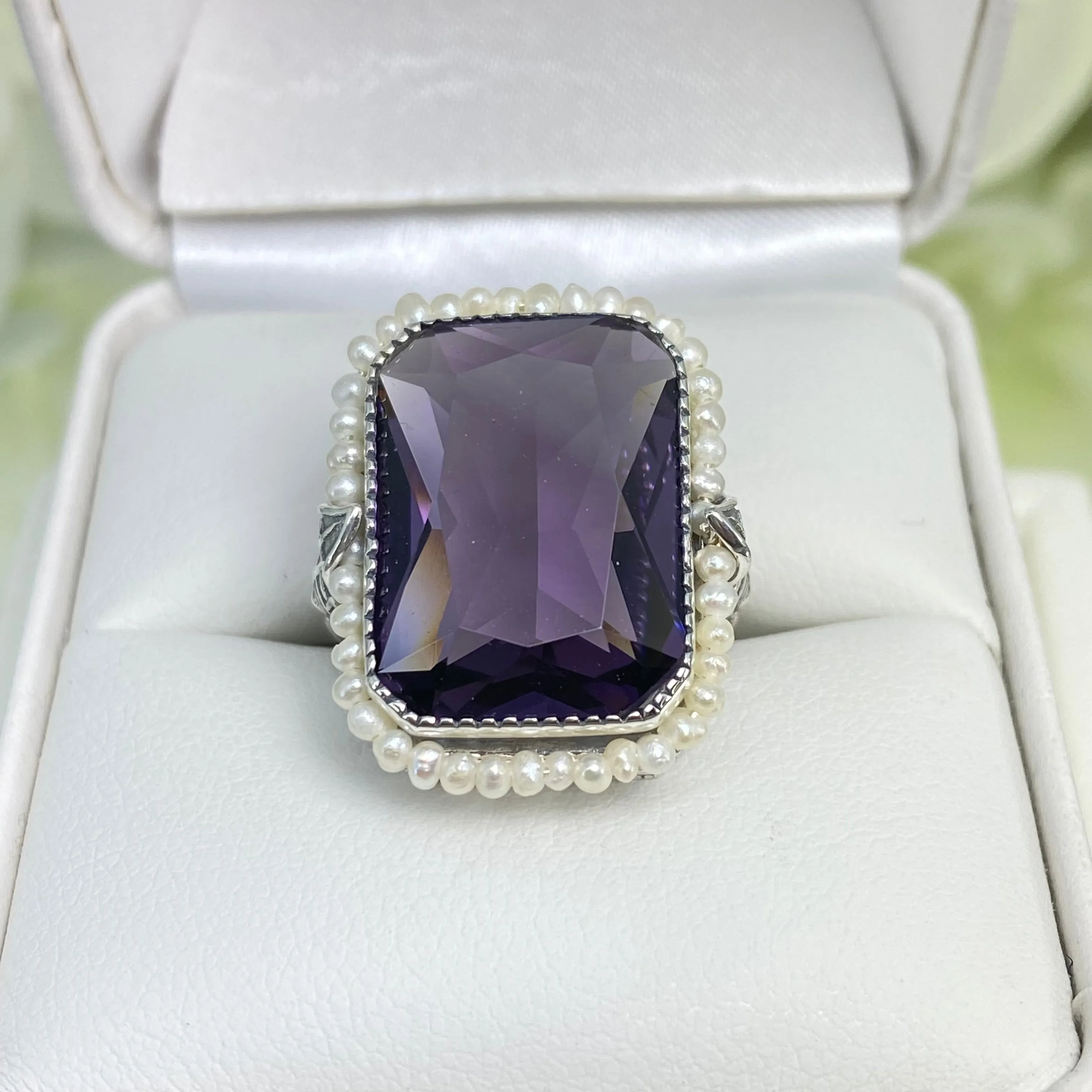 Amethyst Ring, Size 4, Purple Gem in Seed Pearl Frame, Silver Leaf Filigree, Victorian Jewelry #D234 - Ready to Ship