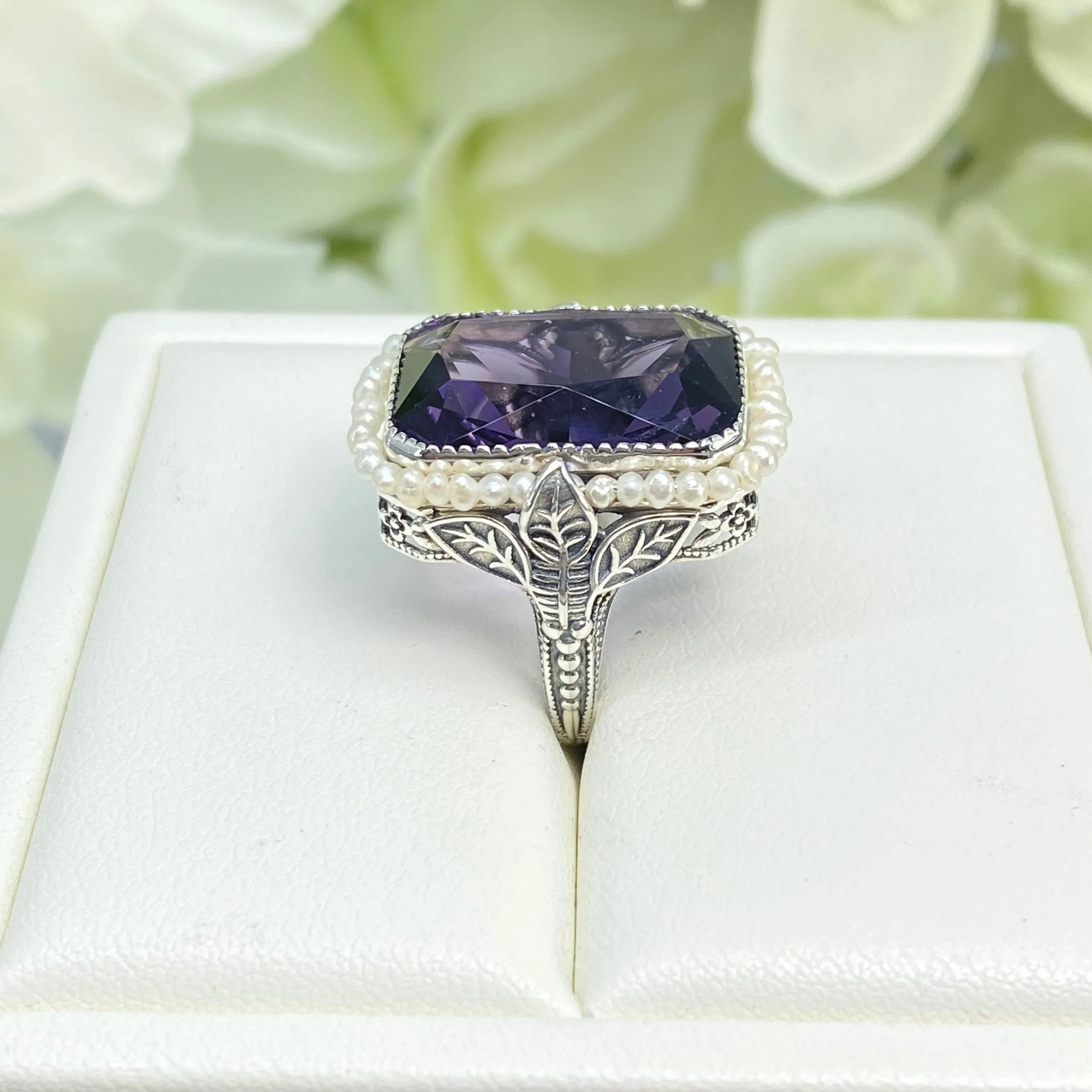 Amethyst Ring, Size 4, Purple Gem in Seed Pearl Frame, Silver Leaf Filigree, Victorian Jewelry #D234 - Ready to Ship