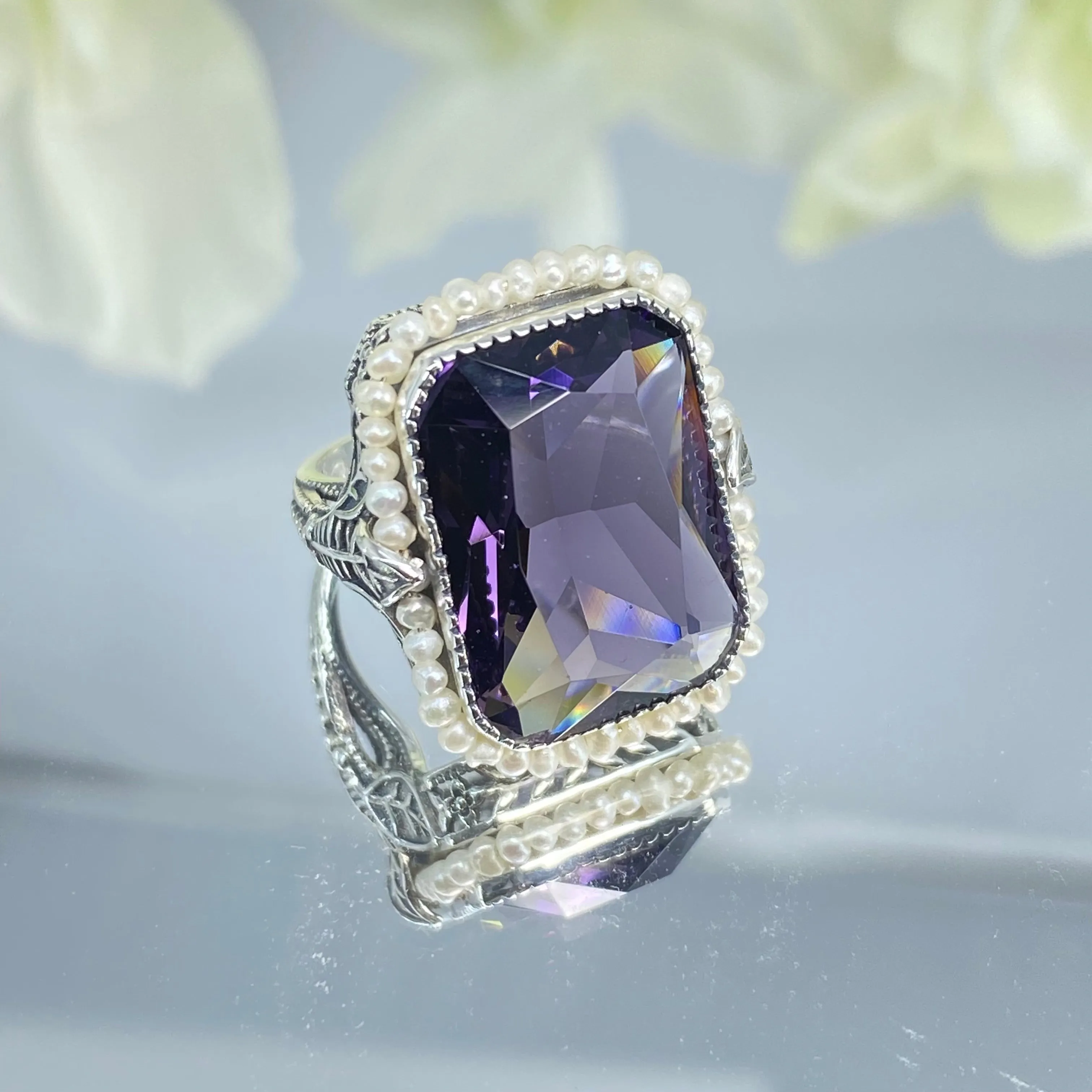 Amethyst Ring, Size 4, Purple Gem in Seed Pearl Frame, Silver Leaf Filigree, Victorian Jewelry #D234 - Ready to Ship