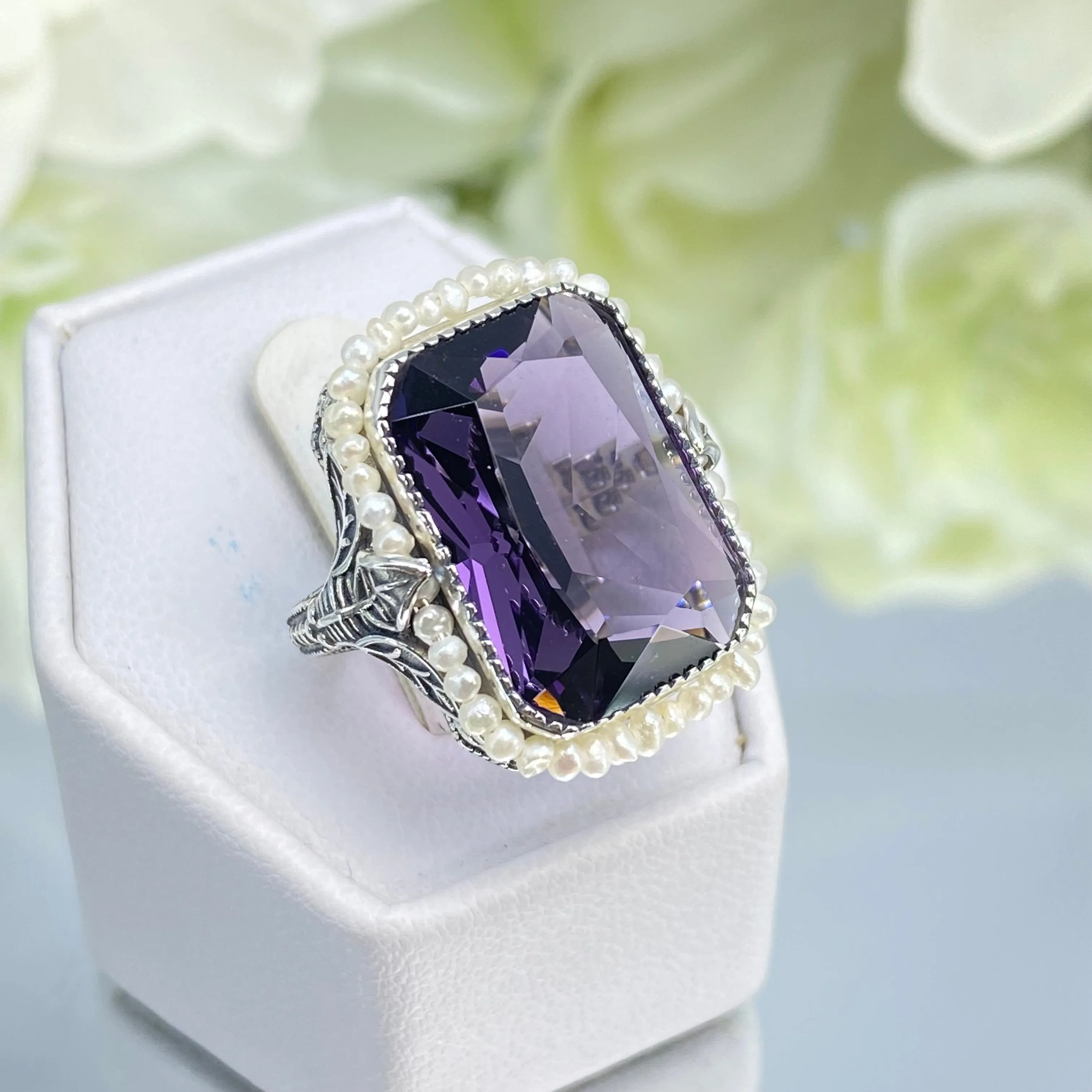 Amethyst Ring, Size 4, Purple Gem in Seed Pearl Frame, Silver Leaf Filigree, Victorian Jewelry #D234 - Ready to Ship