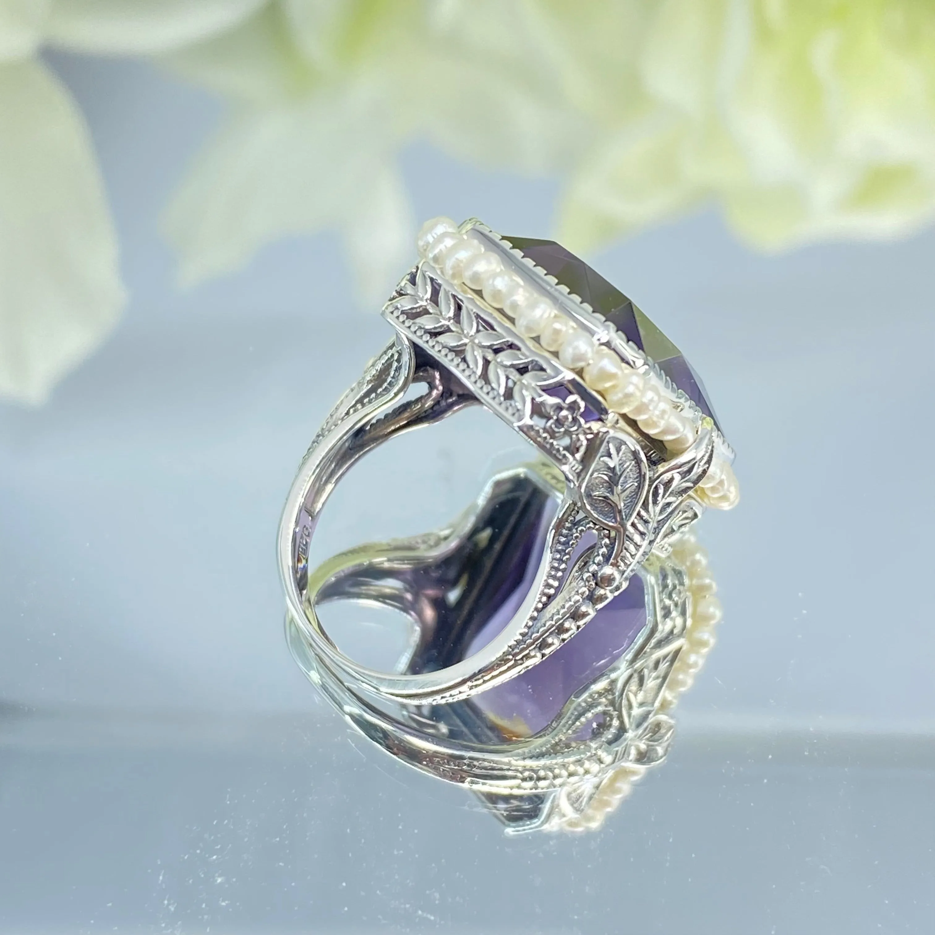 Amethyst Ring, Size 4, Purple Gem in Seed Pearl Frame, Silver Leaf Filigree, Victorian Jewelry #D234 - Ready to Ship