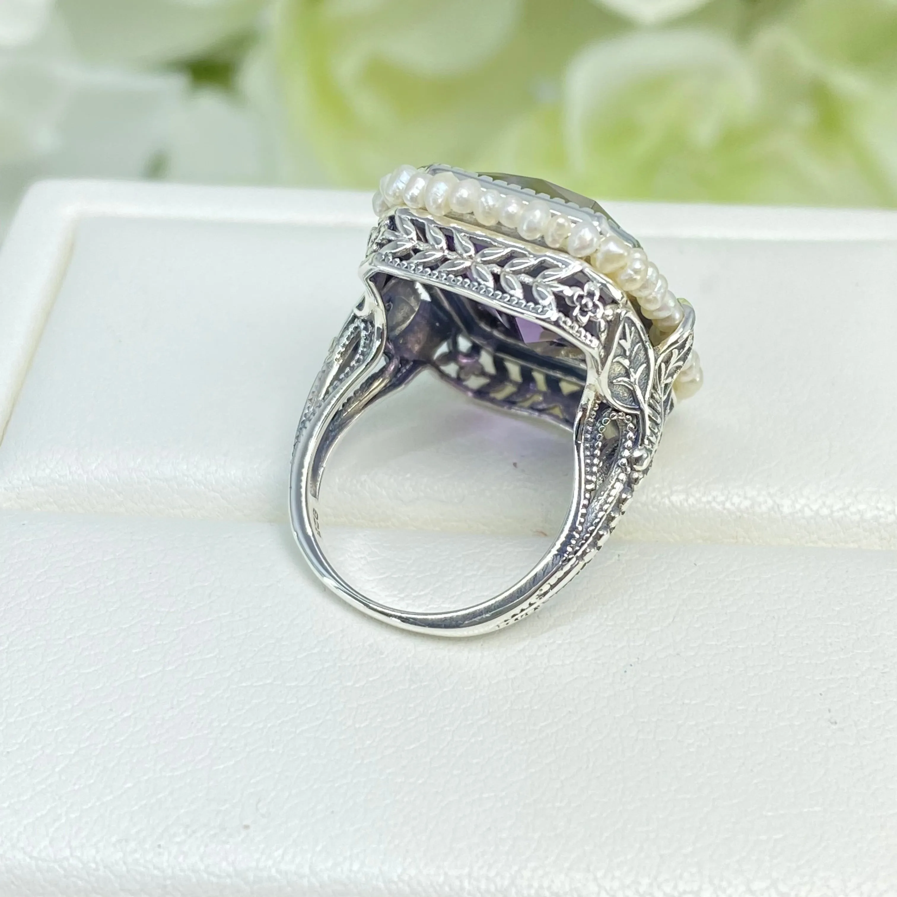 Amethyst Ring, Size 4, Purple Gem in Seed Pearl Frame, Silver Leaf Filigree, Victorian Jewelry #D234 - Ready to Ship