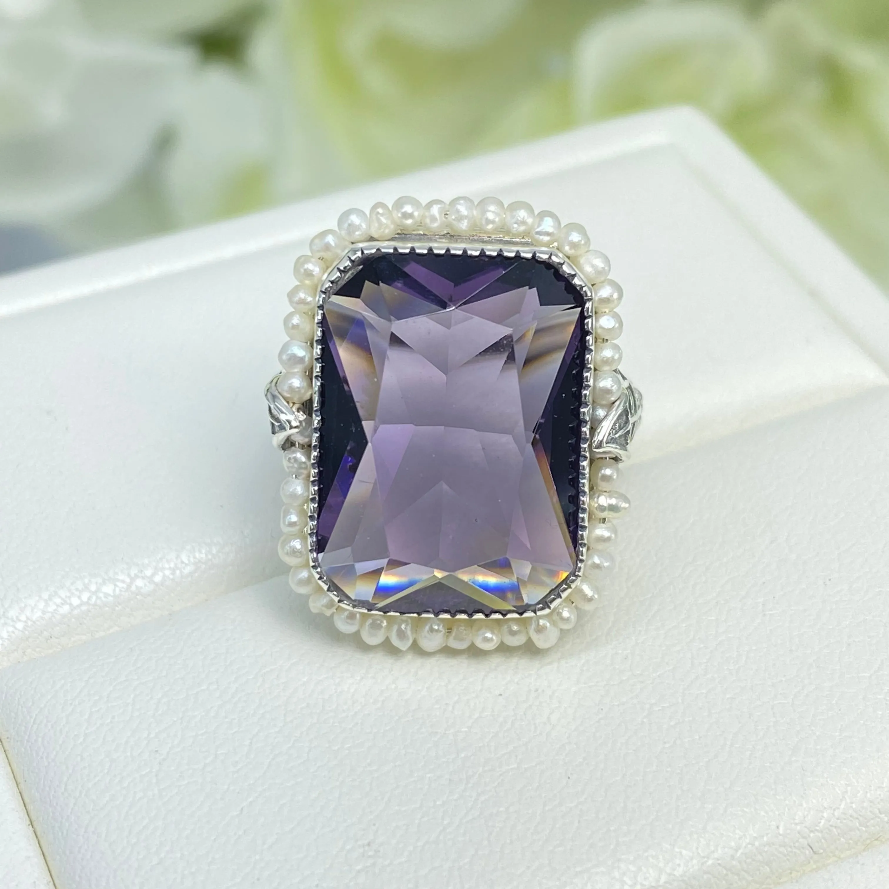 Amethyst Ring, Size 4, Purple Gem in Seed Pearl Frame, Silver Leaf Filigree, Victorian Jewelry #D234 - Ready to Ship