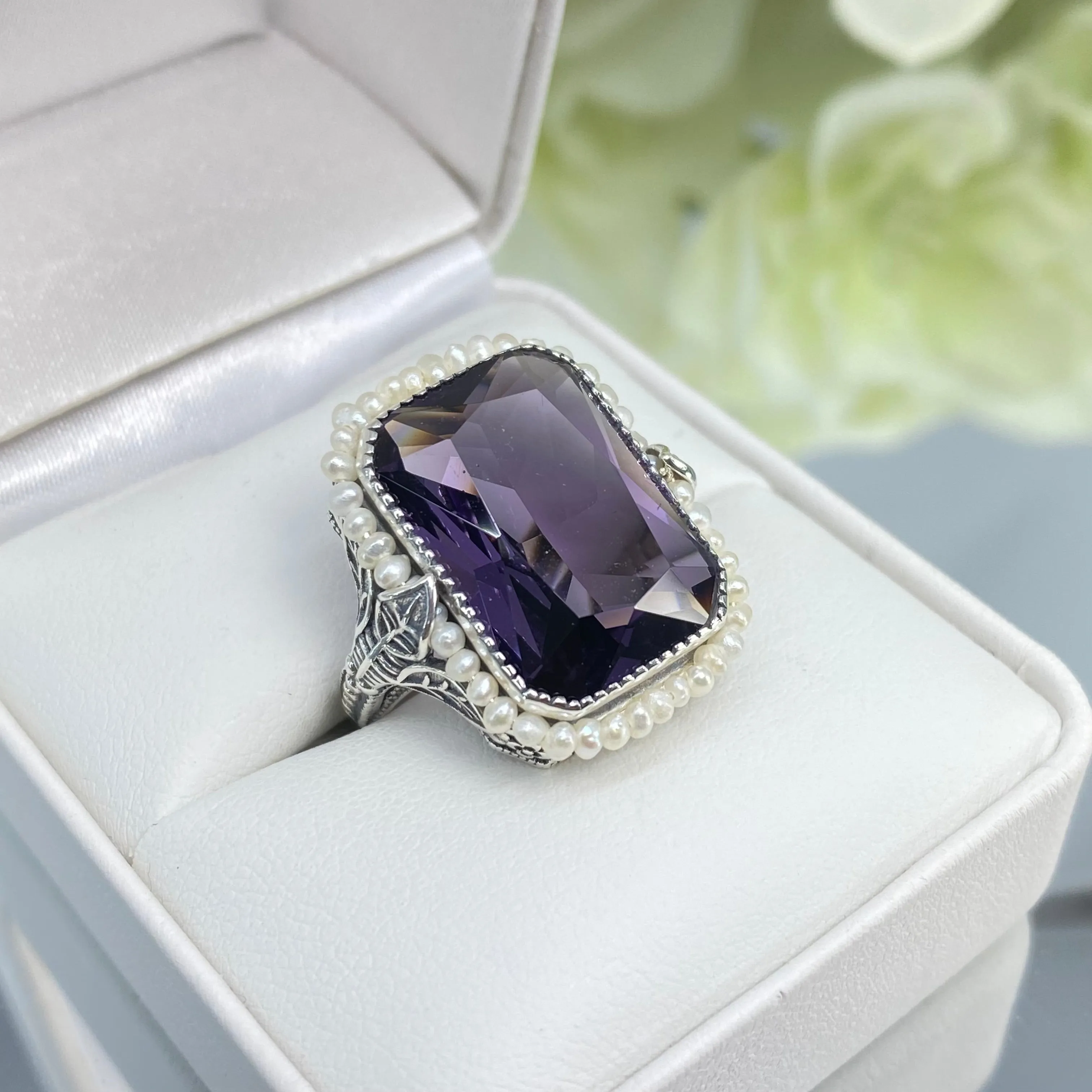 Amethyst Ring, Size 4, Purple Gem in Seed Pearl Frame, Silver Leaf Filigree, Victorian Jewelry #D234 - Ready to Ship