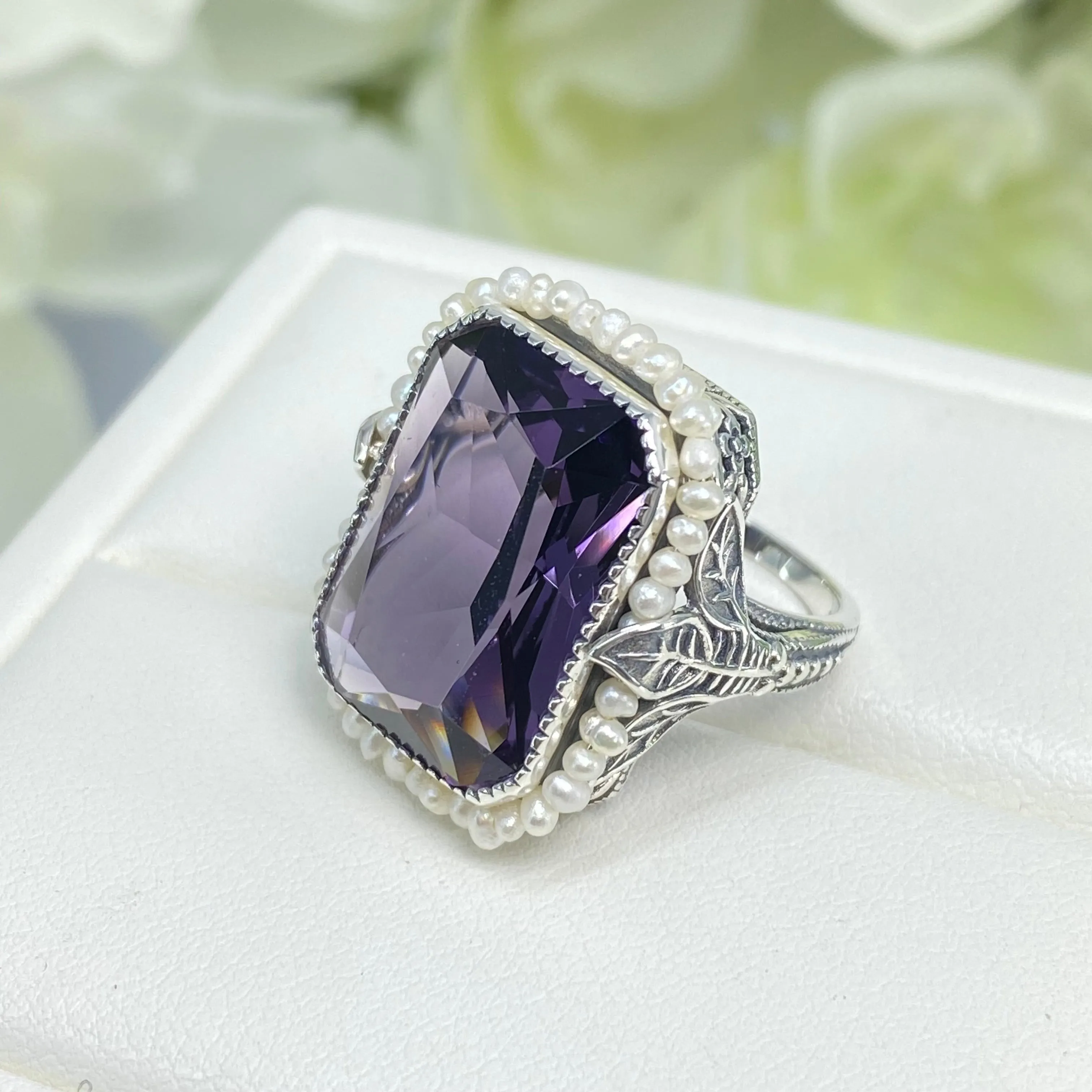 Amethyst Ring, Size 4, Purple Gem in Seed Pearl Frame, Silver Leaf Filigree, Victorian Jewelry #D234 - Ready to Ship