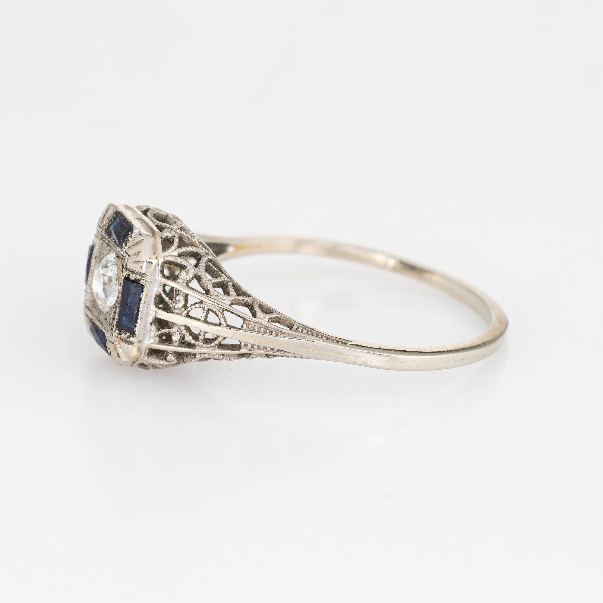 Antique Deco Diamond Sapphire Ring Filigree 14k White Gold Square Fine Jewelry