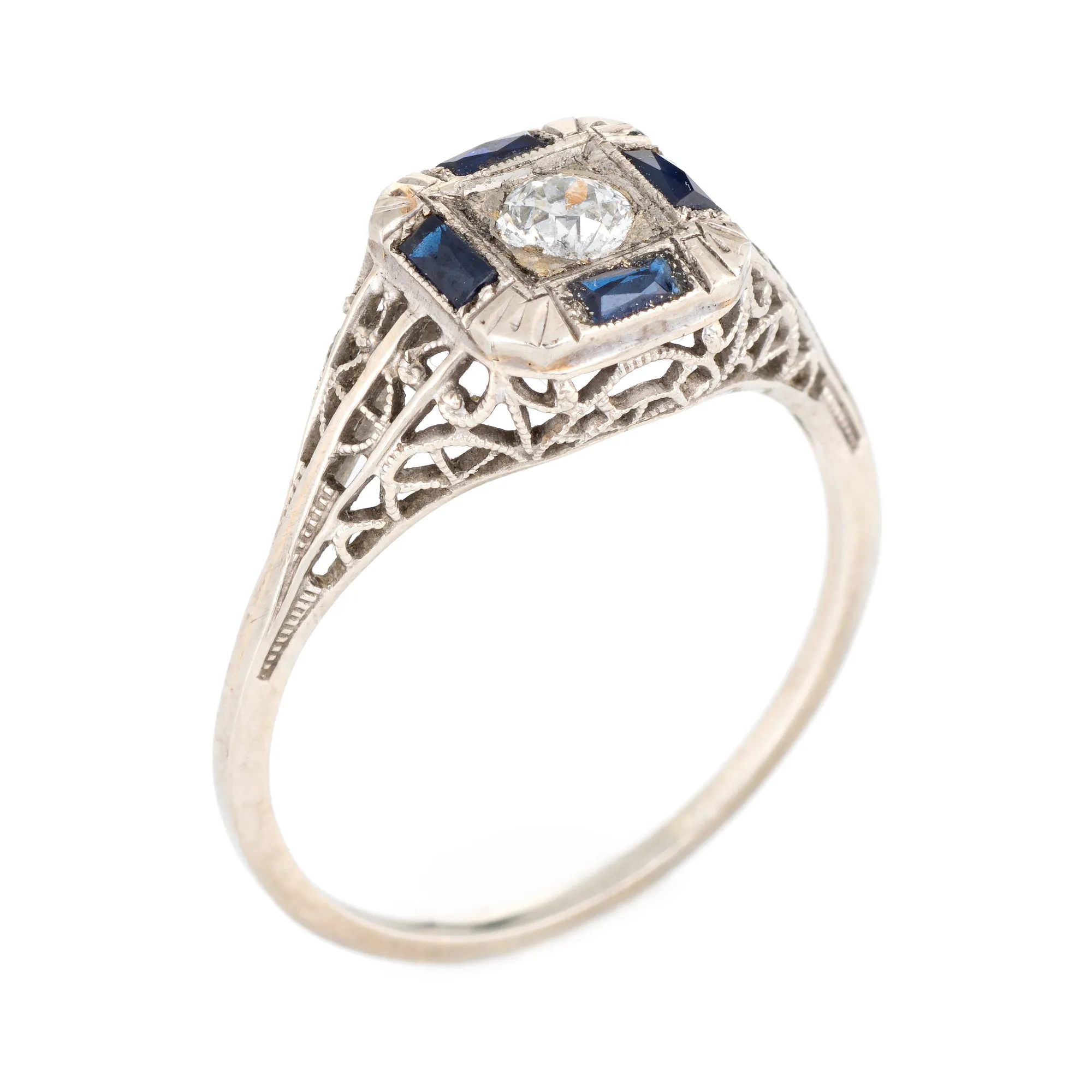 Antique Deco Diamond Sapphire Ring Filigree 14k White Gold Square Fine Jewelry