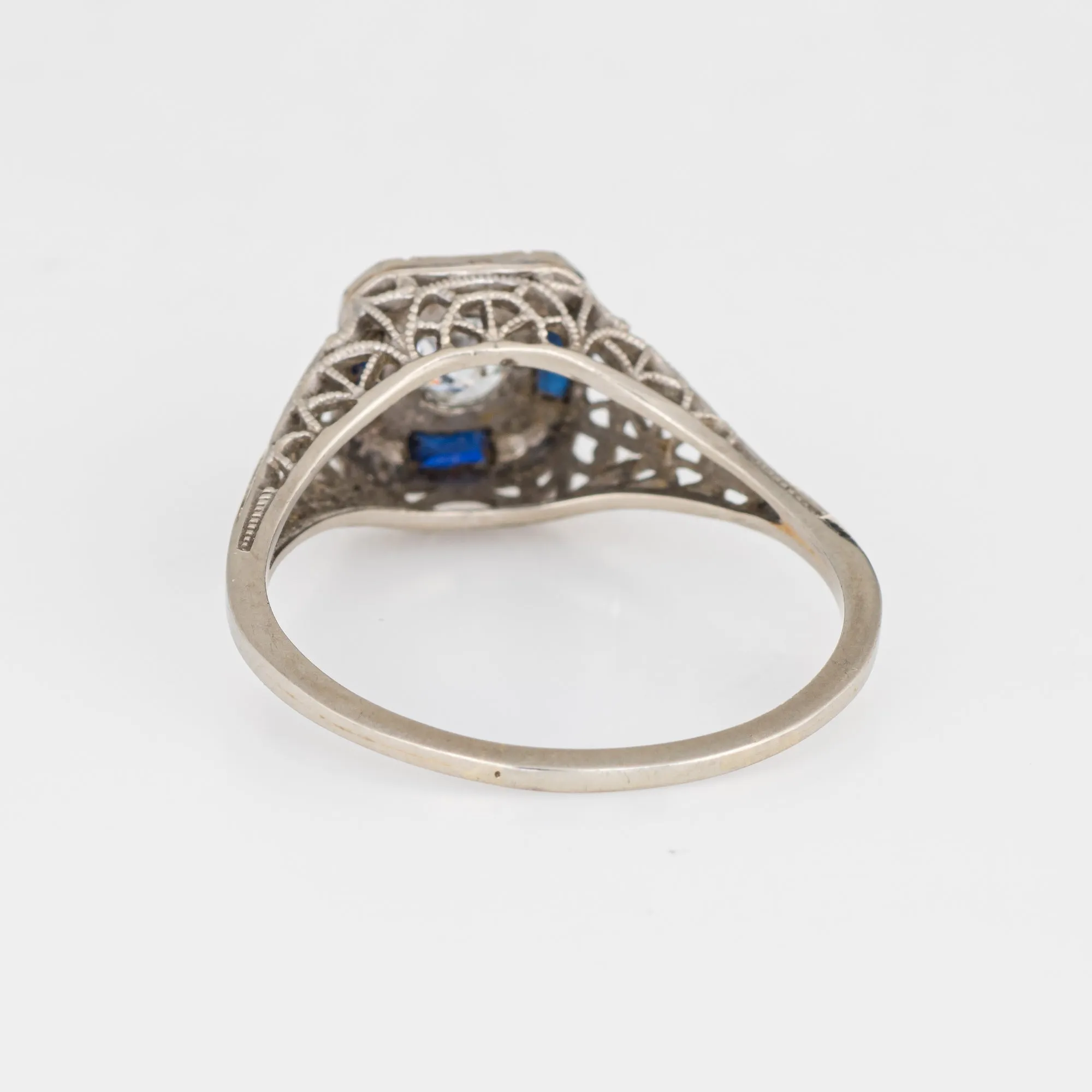 Antique Deco Diamond Sapphire Ring Filigree 14k White Gold Square Fine Jewelry