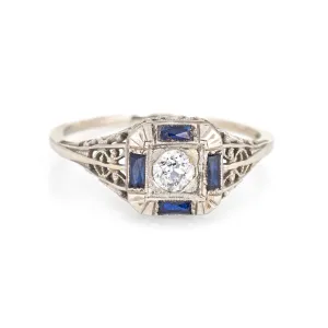Antique Deco Diamond Sapphire Ring Filigree 14k White Gold Square Fine Jewelry