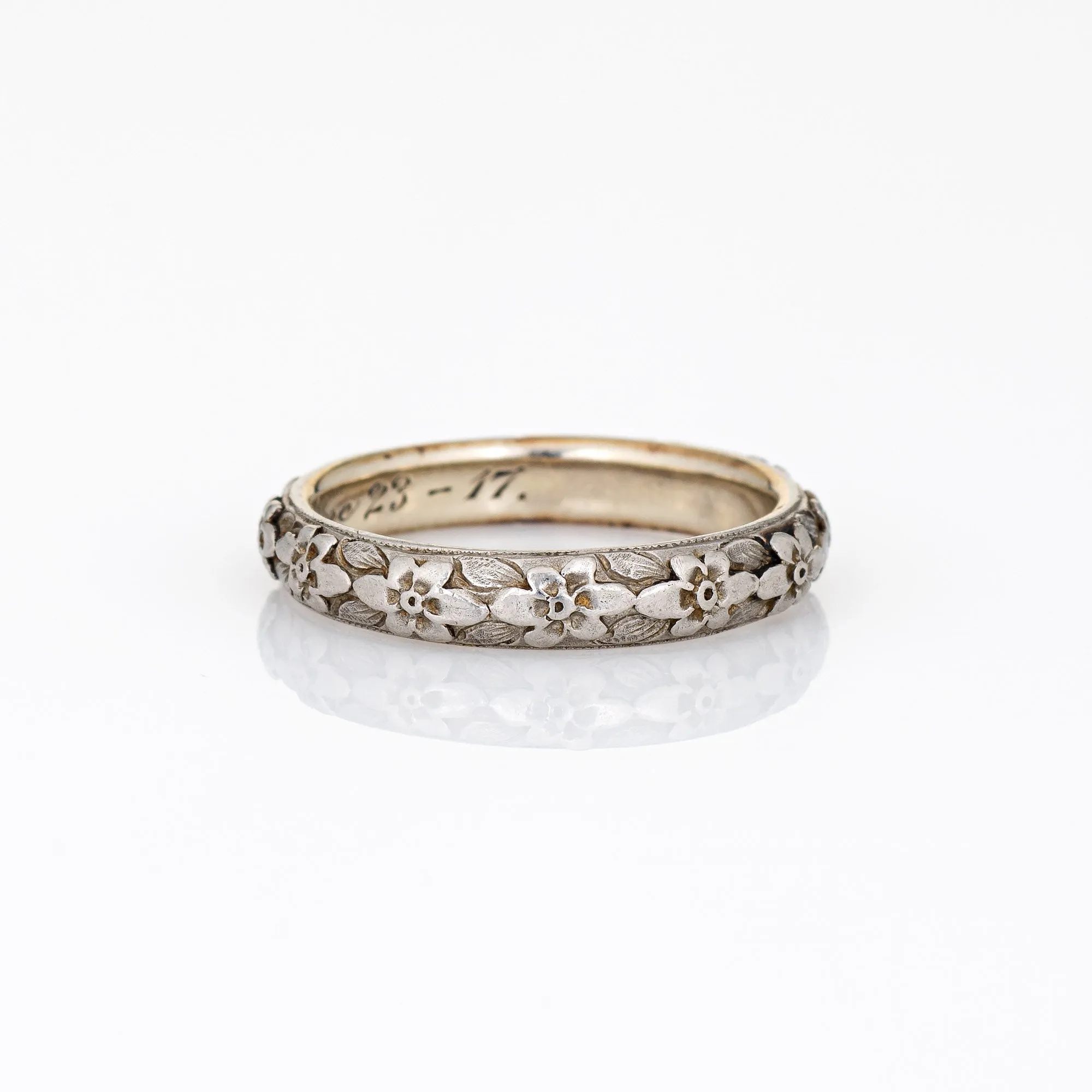 Antique Edwardian Wedding Ring c1917 Platinum 14k Gold Flower Pattern 5.5 Band