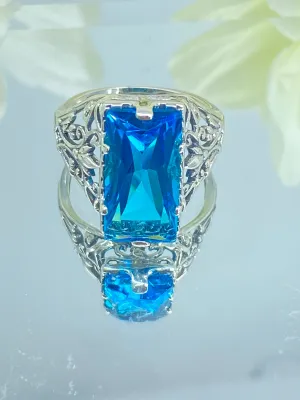 Aqua CZ Ring, Size 9 Baguette Gem, Floral Leaf Filigree, Victorian Jewelry, D32 - Ready to Ship