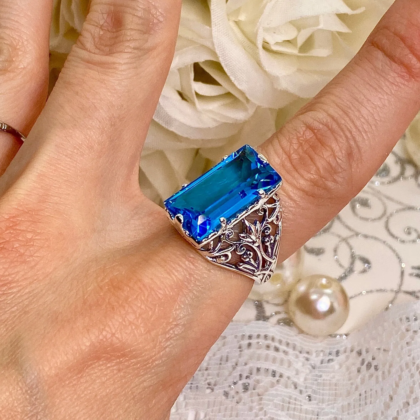 Aqua CZ Ring, Size 9 Baguette Gem, Floral Leaf Filigree, Victorian Jewelry, D32 - Ready to Ship