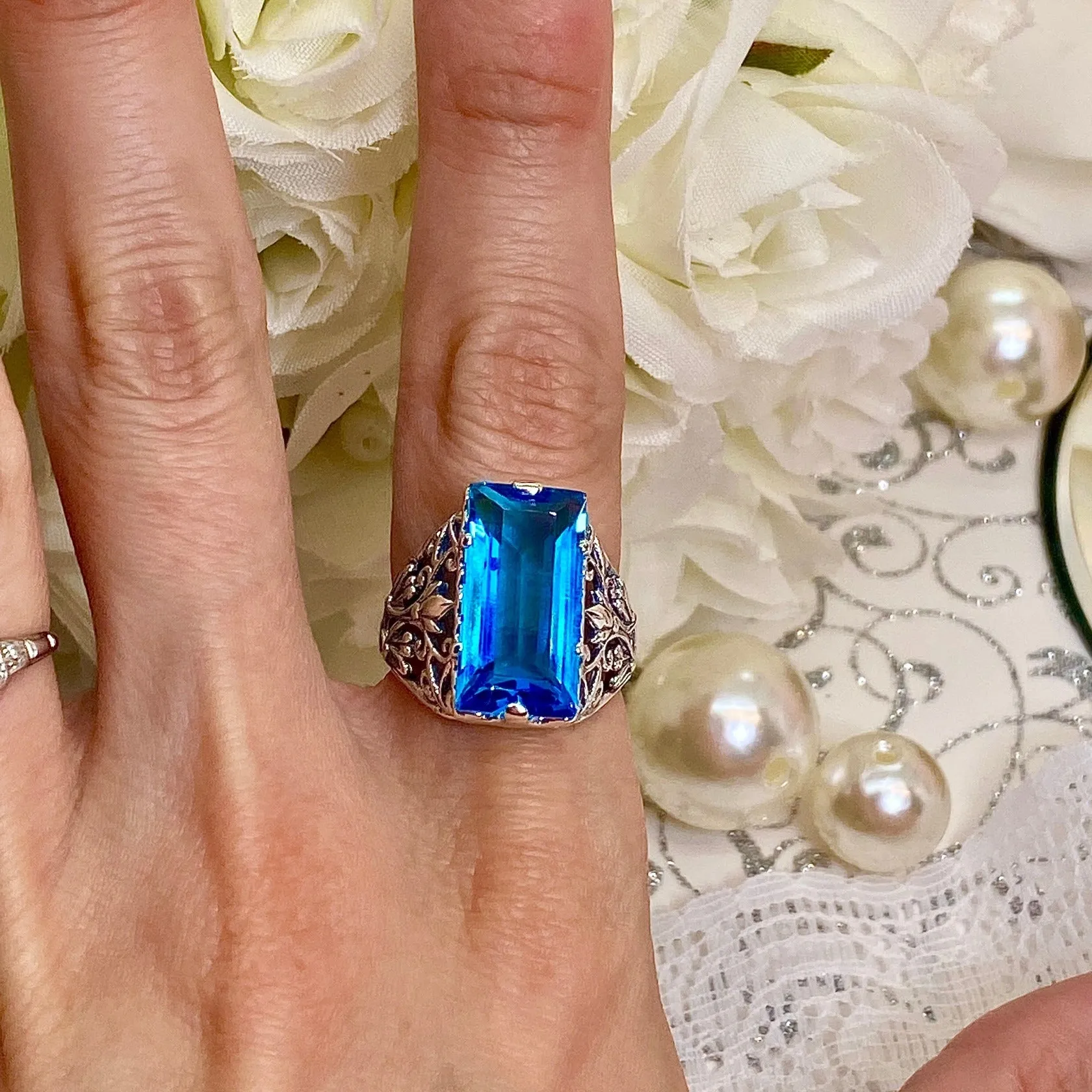 Aqua CZ Ring, Size 9 Baguette Gem, Floral Leaf Filigree, Victorian Jewelry, D32 - Ready to Ship