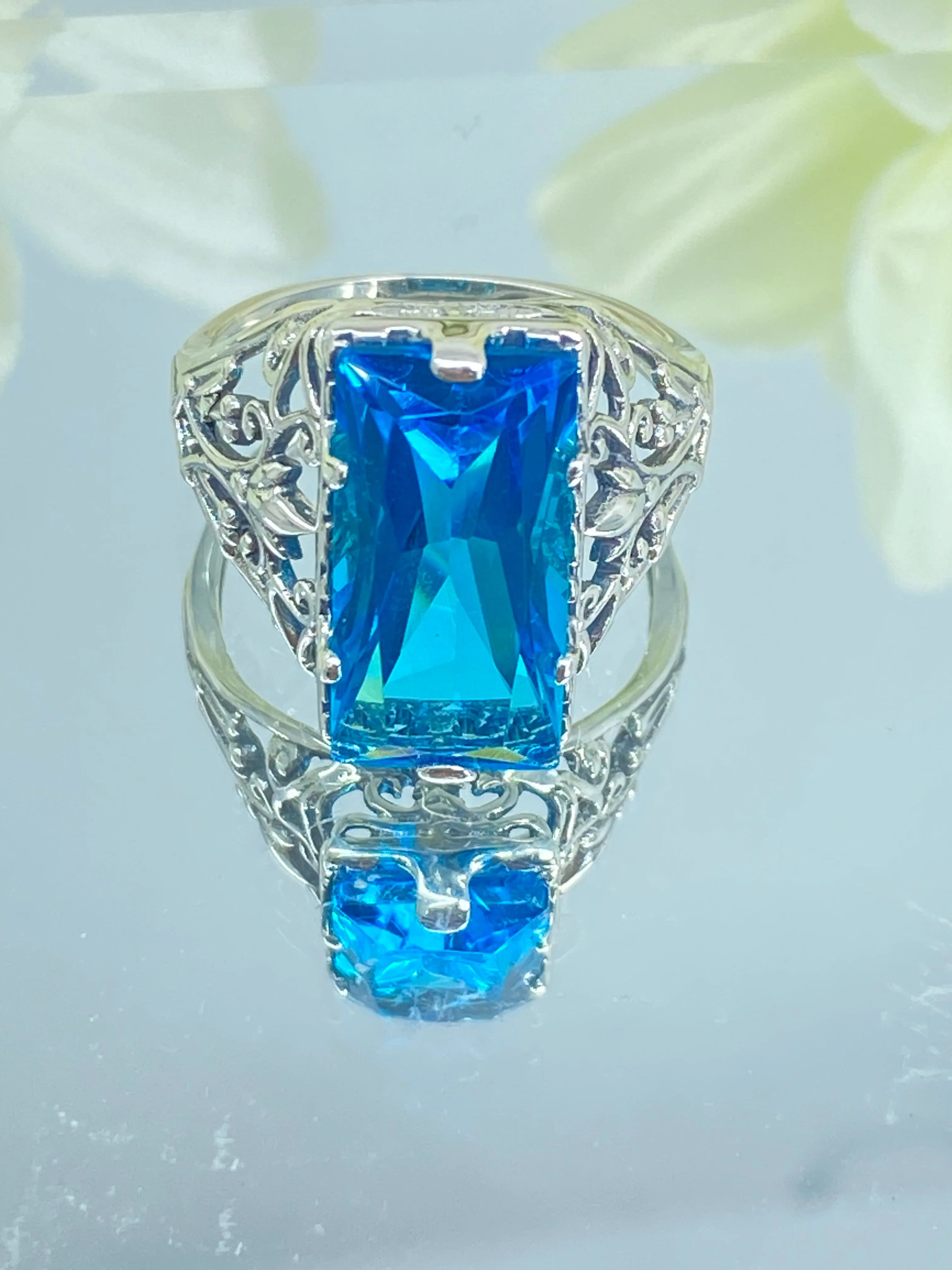 Aqua CZ Ring, Size 9 Baguette Gem, Floral Leaf Filigree, Victorian Jewelry, D32 - Ready to Ship