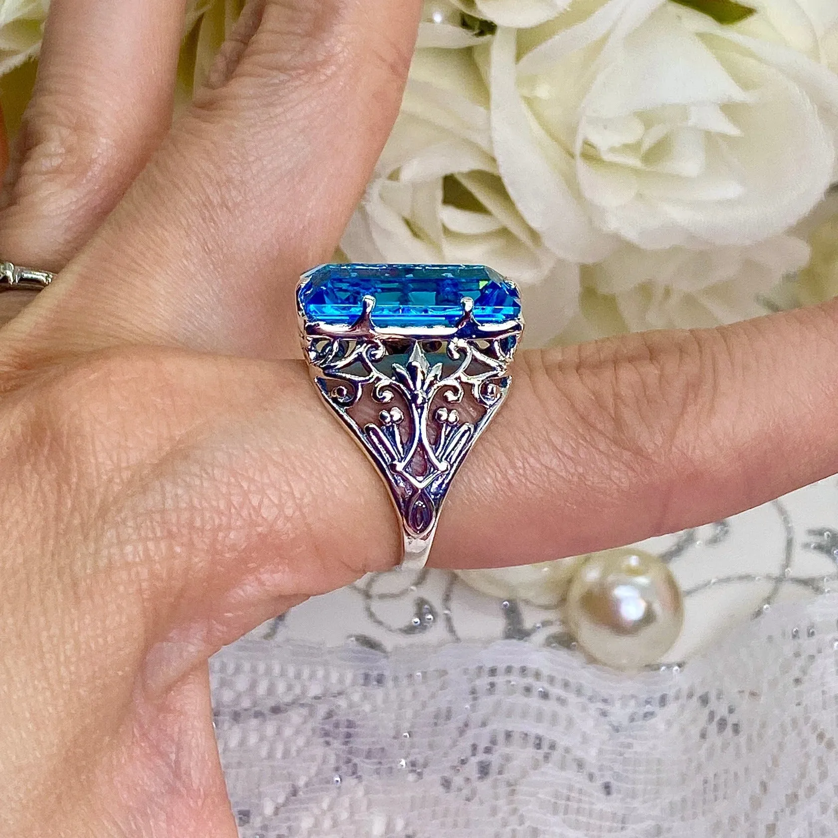 Aqua CZ Ring, Size 9 Baguette Gem, Floral Leaf Filigree, Victorian Jewelry, D32 - Ready to Ship
