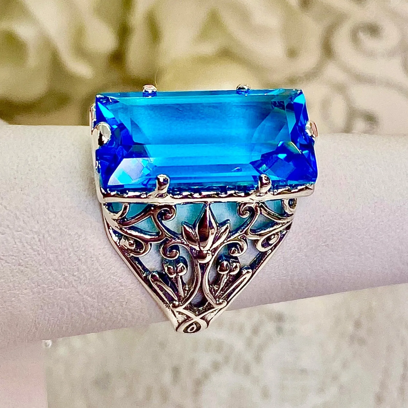 Aqua CZ Ring, Size 9 Baguette Gem, Floral Leaf Filigree, Victorian Jewelry, D32 - Ready to Ship