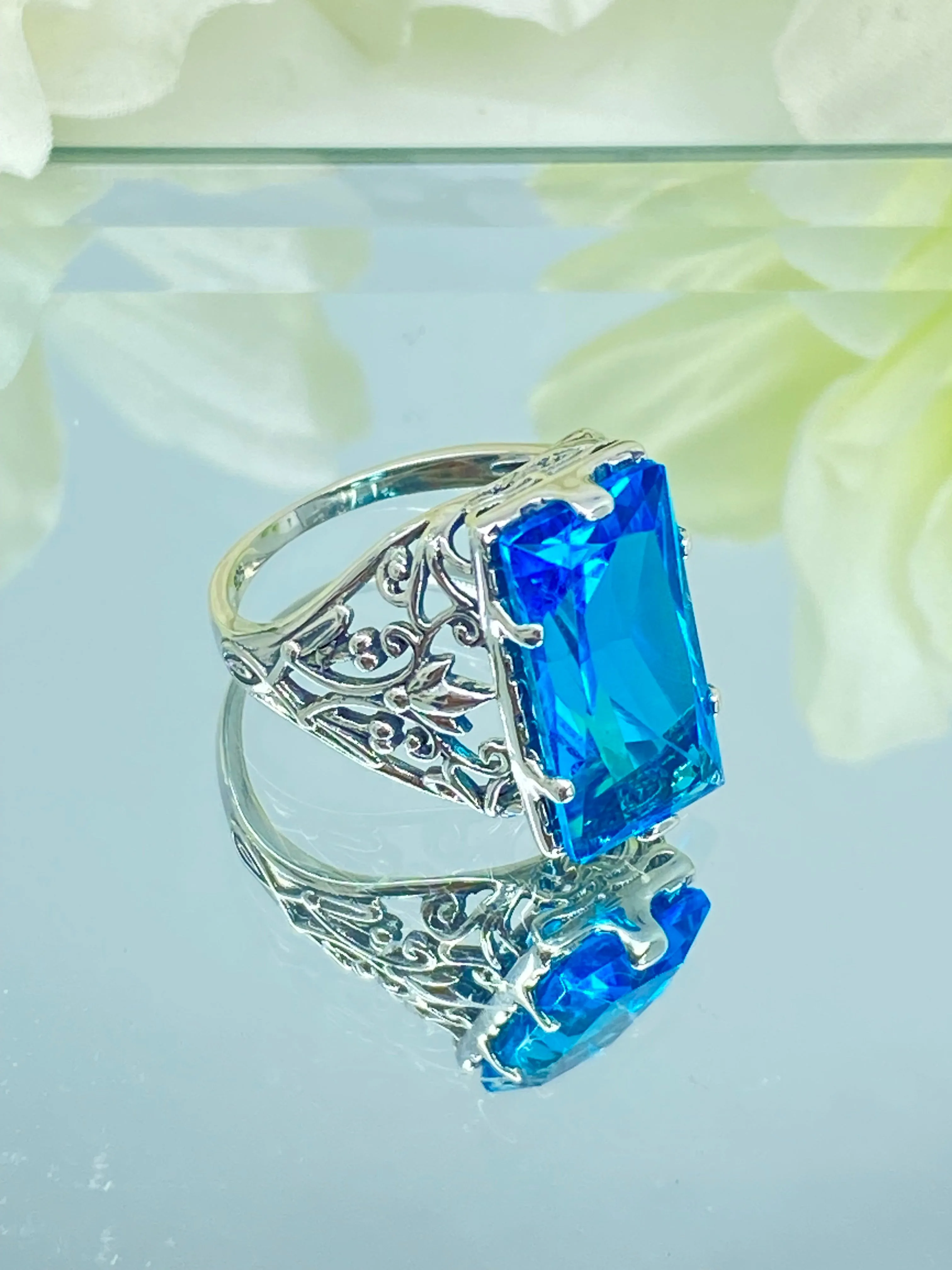 Aqua CZ Ring, Size 9 Baguette Gem, Floral Leaf Filigree, Victorian Jewelry, D32 - Ready to Ship
