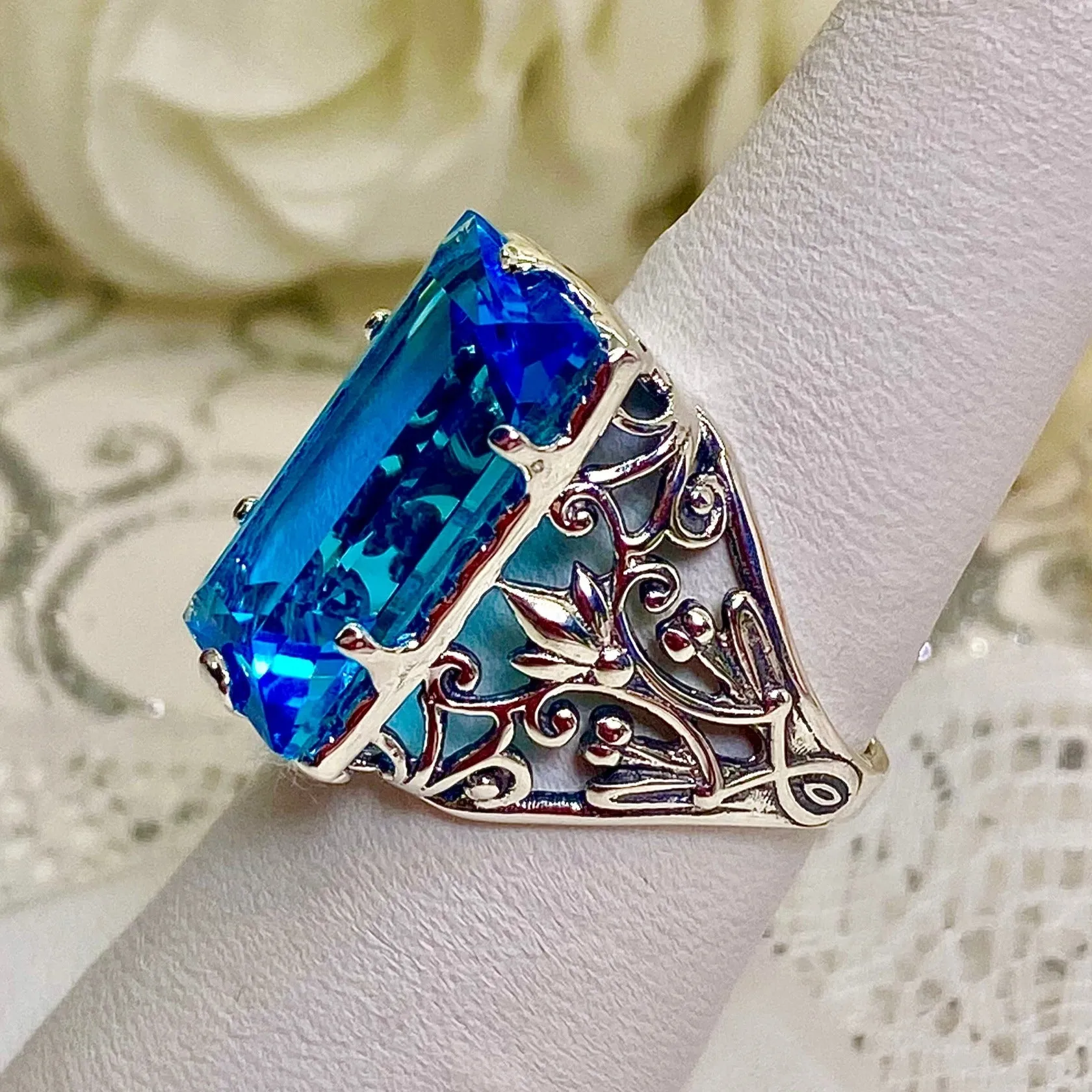 Aqua CZ Ring, Size 9 Baguette Gem, Floral Leaf Filigree, Victorian Jewelry, D32 - Ready to Ship