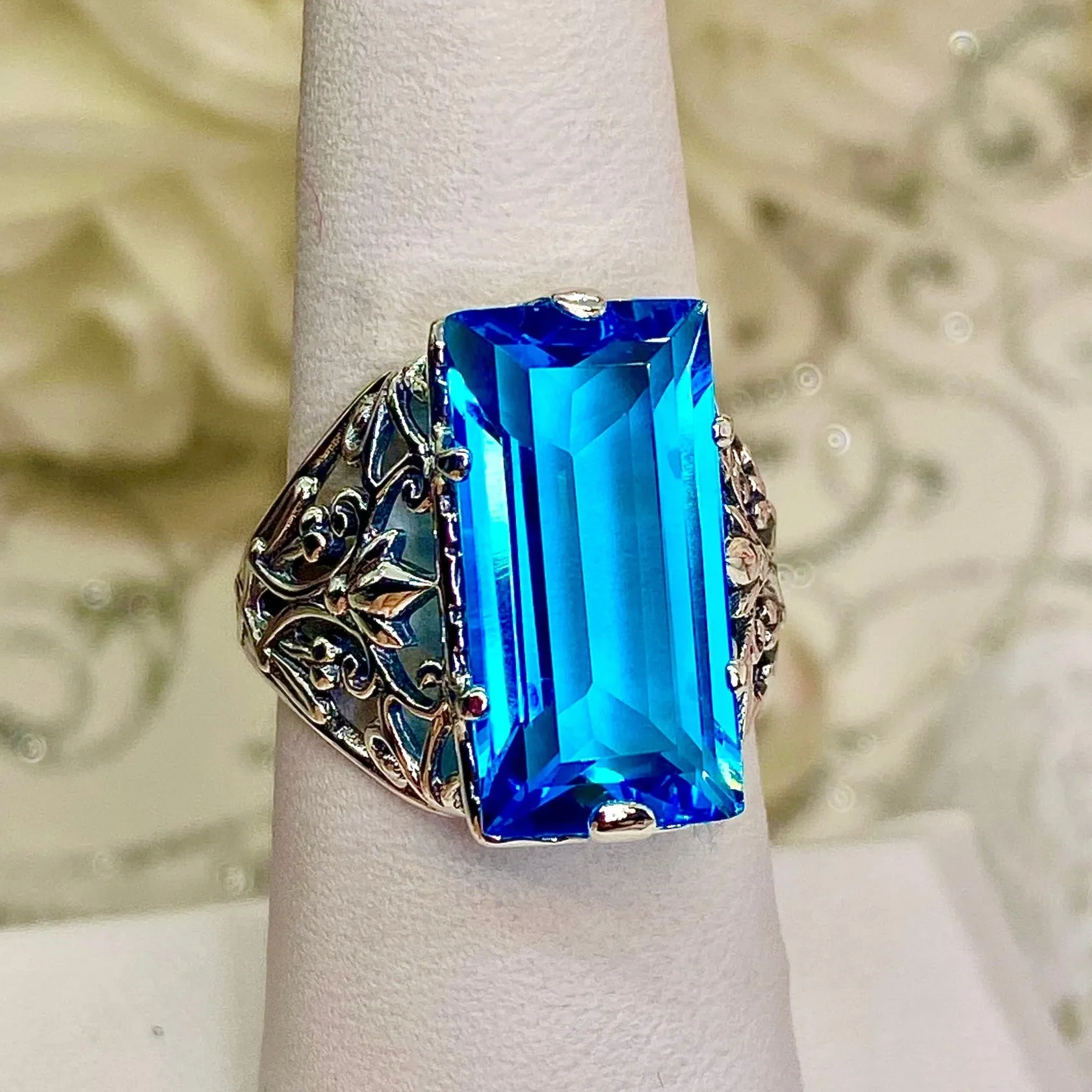 Aqua CZ Ring, Size 9 Baguette Gem, Floral Leaf Filigree, Victorian Jewelry, D32 - Ready to Ship