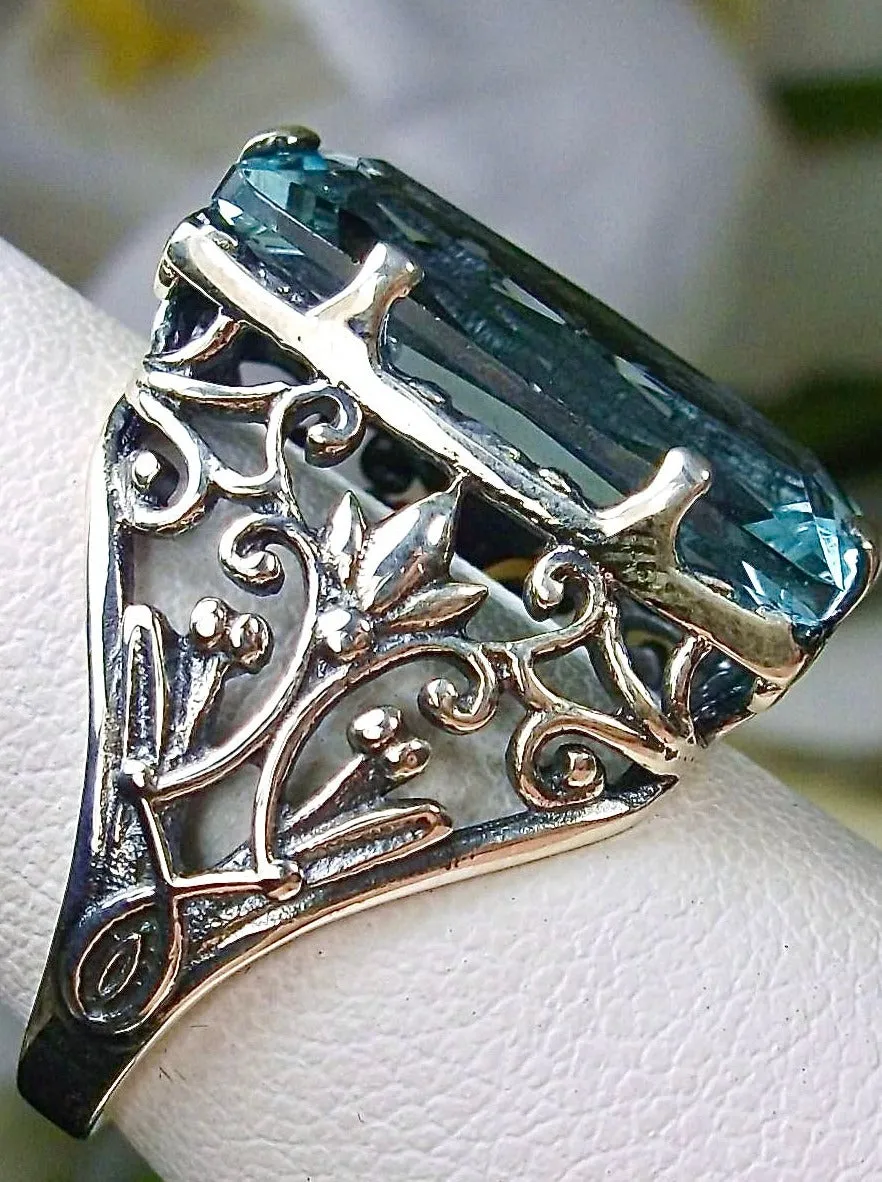 Aquamarine Ring, Baguette Gem, Floral Leaf Filigree, Victorian Jewelry, D32