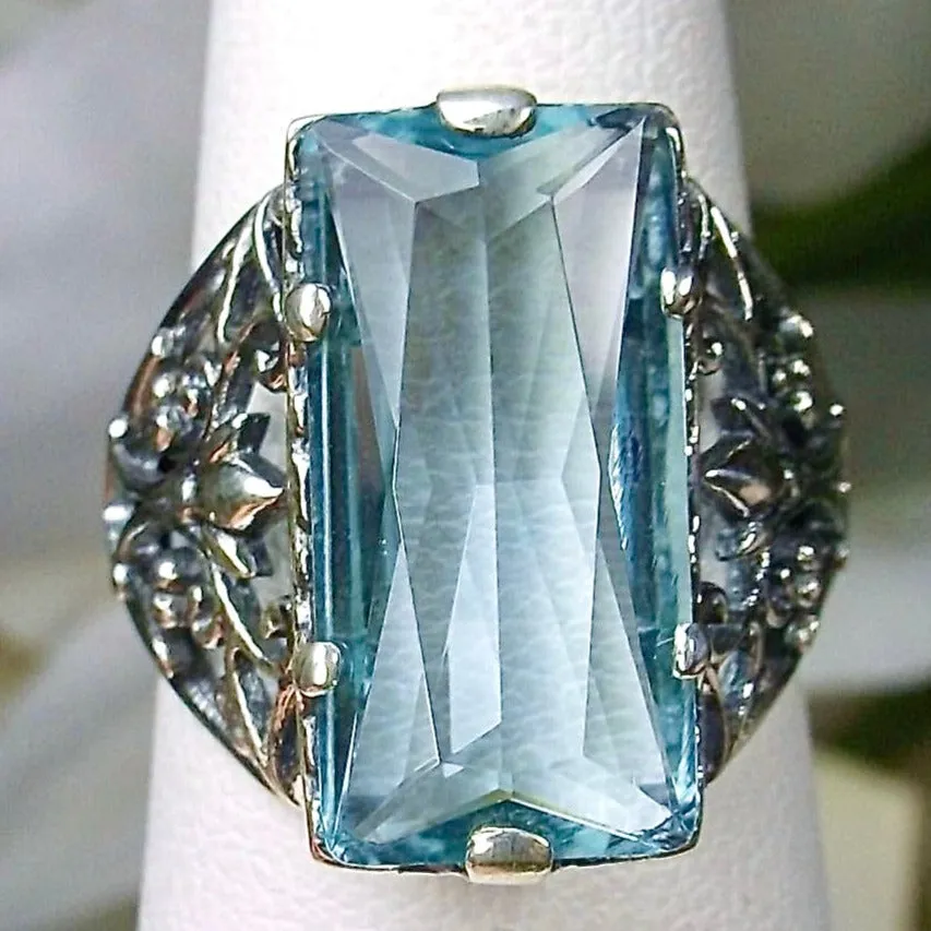 Aquamarine Ring, Baguette Gem, Floral Leaf Filigree, Victorian Jewelry, D32