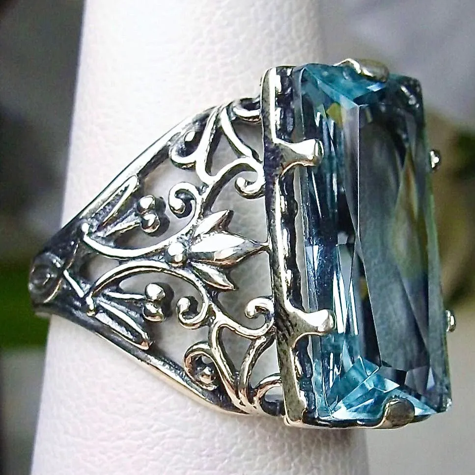 Aquamarine Ring, Baguette Gem, Floral Leaf Filigree, Victorian Jewelry, D32