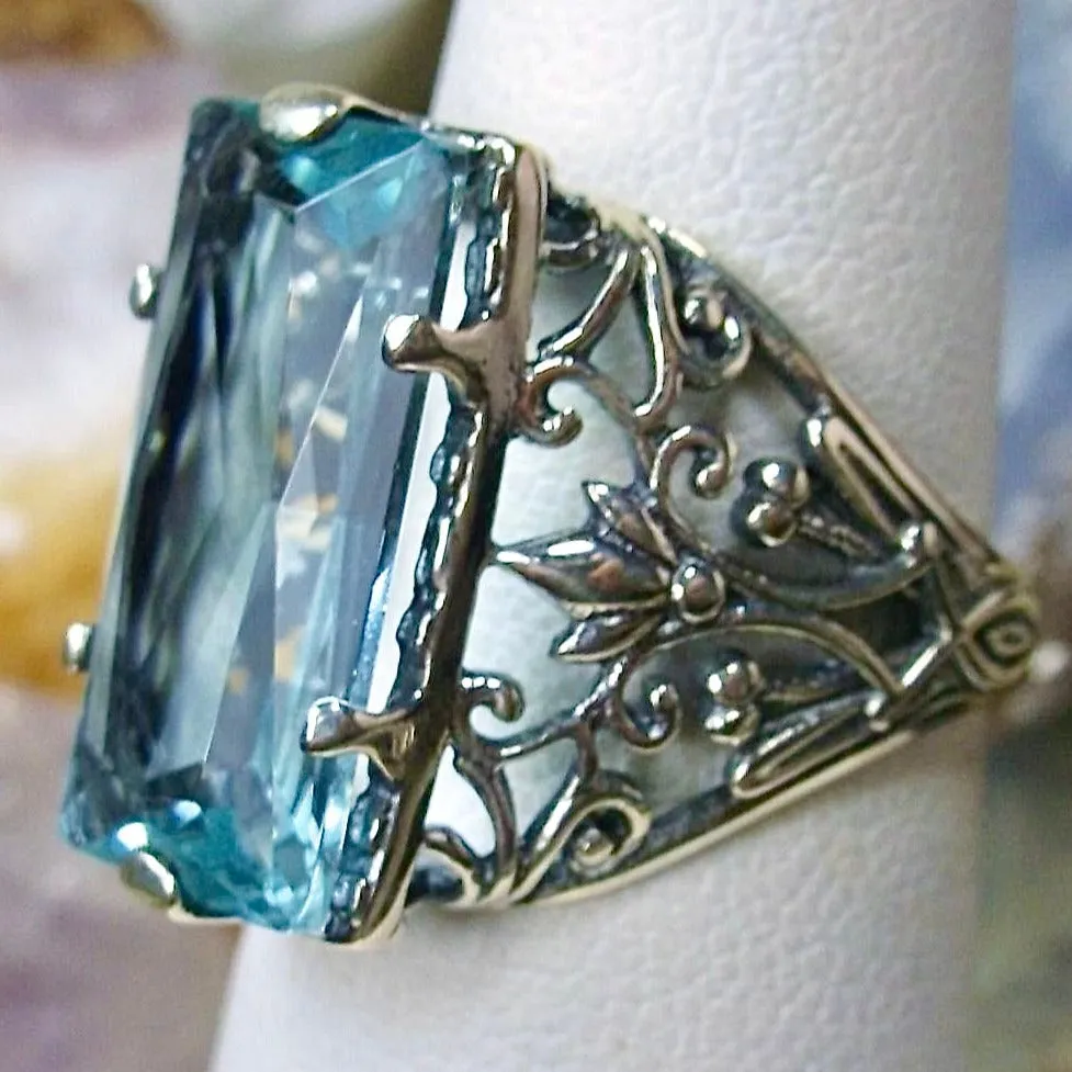 Aquamarine Ring, Baguette Gem, Floral Leaf Filigree, Victorian Jewelry, D32