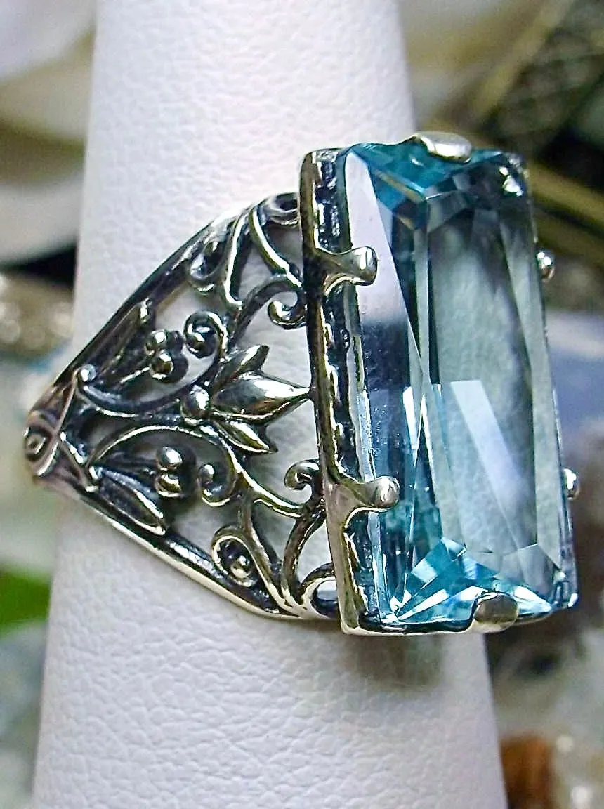 Aquamarine Ring, Baguette Gem, Floral Leaf Filigree, Victorian Jewelry, D32