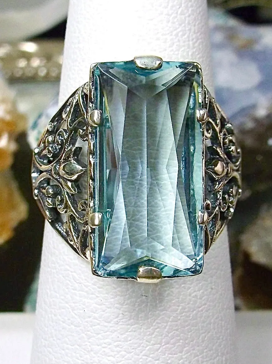 Aquamarine Ring, Baguette Gem, Floral Leaf Filigree, Victorian Jewelry, D32