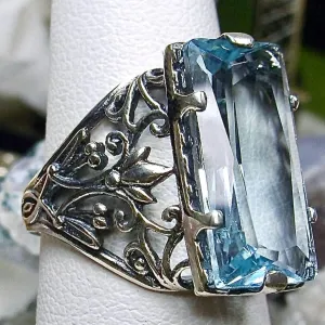 Aquamarine Ring, Baguette Gem, Floral Leaf Filigree, Victorian Jewelry, D32