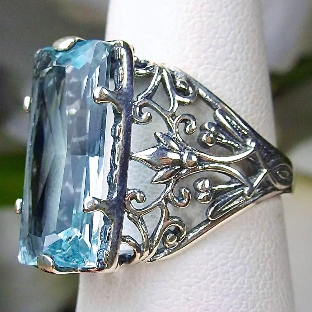 Aquamarine Ring, Baguette Gem, Floral Leaf Filigree, Victorian Jewelry, D32