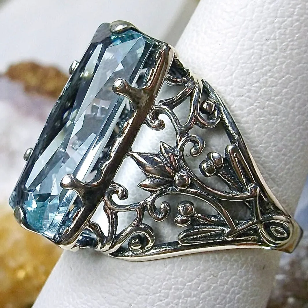 Aquamarine Ring, Baguette Gem, Floral Leaf Filigree, Victorian Jewelry, D32