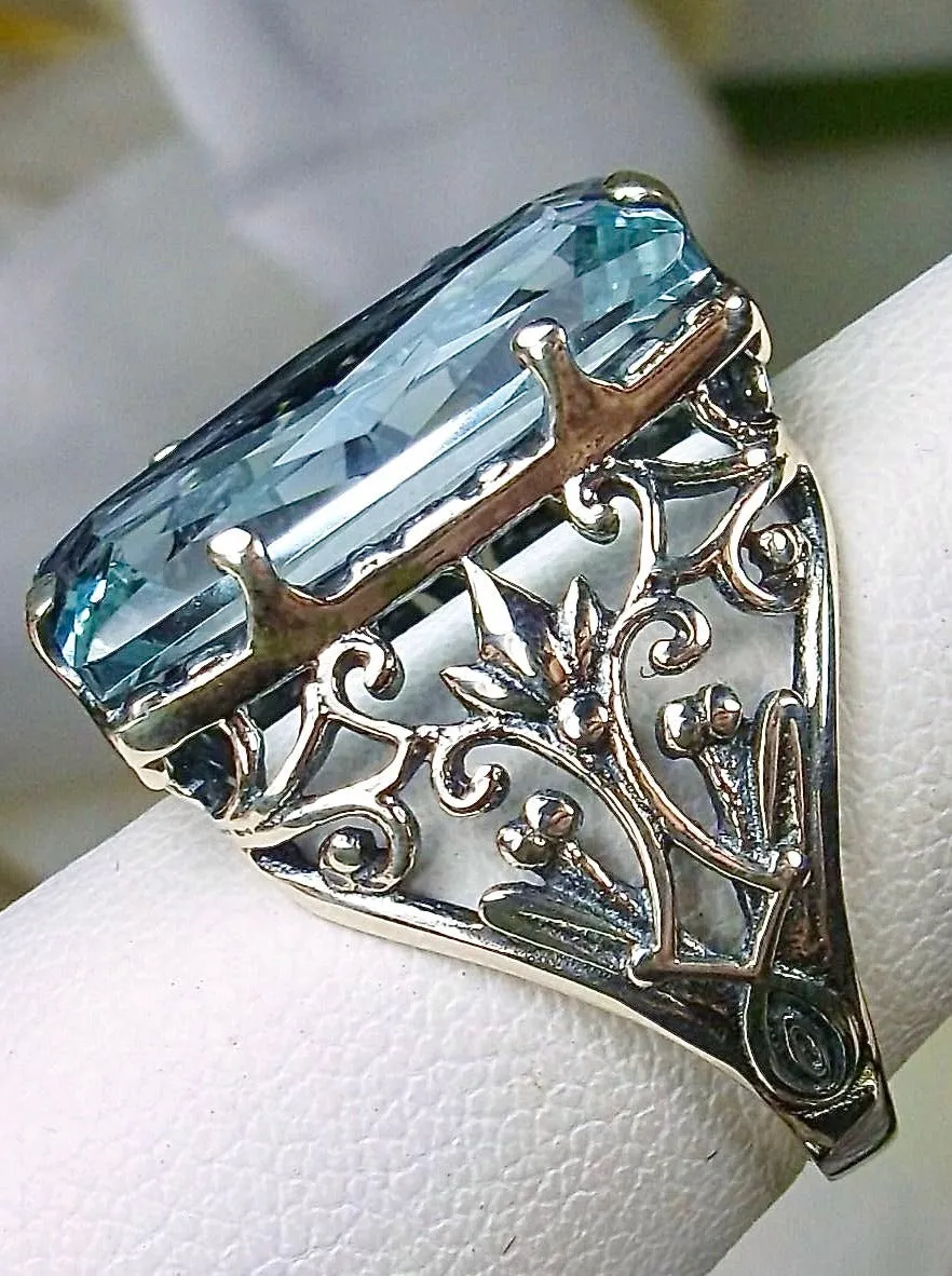 Aquamarine Ring, Baguette Gem, Floral Leaf Filigree, Victorian Jewelry, D32