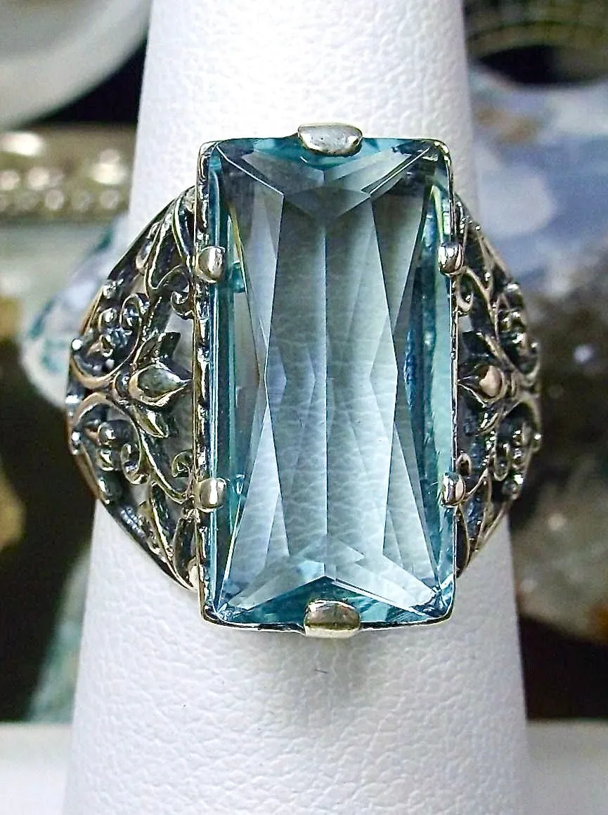 Aquamarine Ring, Baguette Gem, Floral Leaf Filigree, Victorian Jewelry, D32