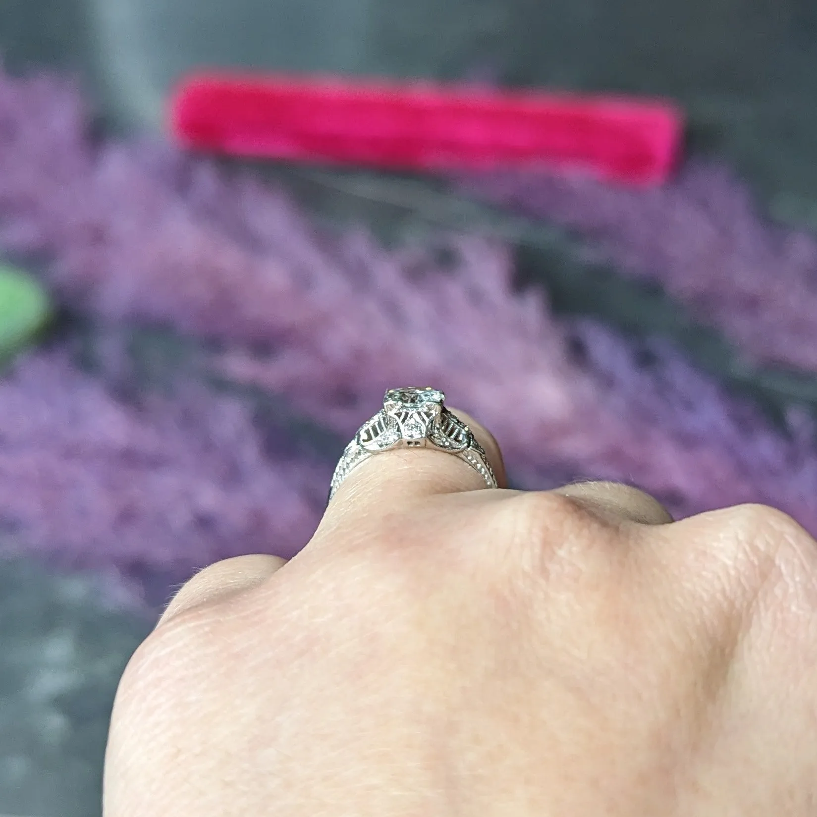 Art Deco 0.94 CTW Old European Cut Diamond Platinum Square Filigree Engagement Ring