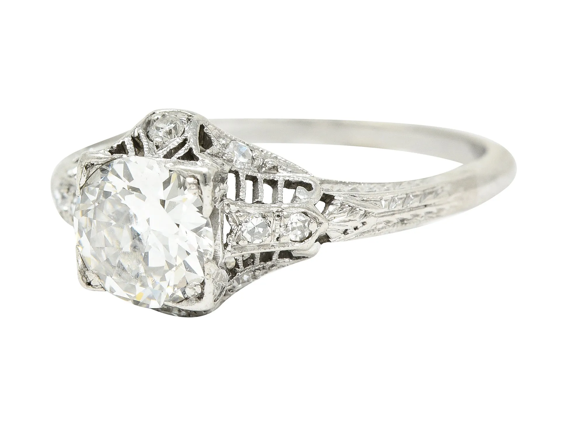 Art Deco 0.94 CTW Old European Cut Diamond Platinum Square Filigree Engagement Ring