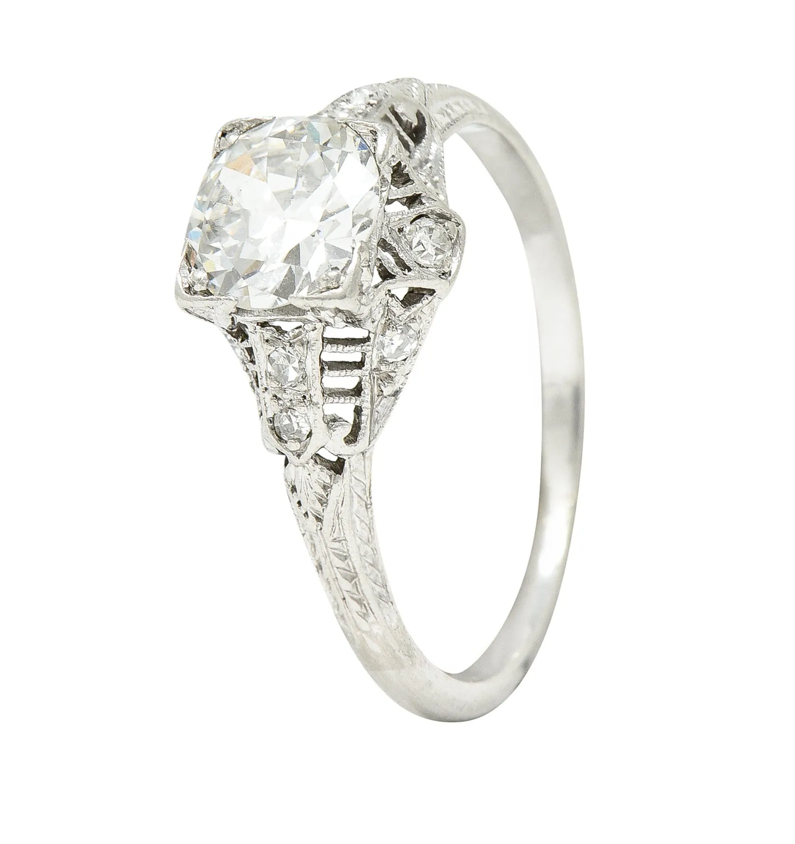 Art Deco 0.94 CTW Old European Cut Diamond Platinum Square Filigree Engagement Ring