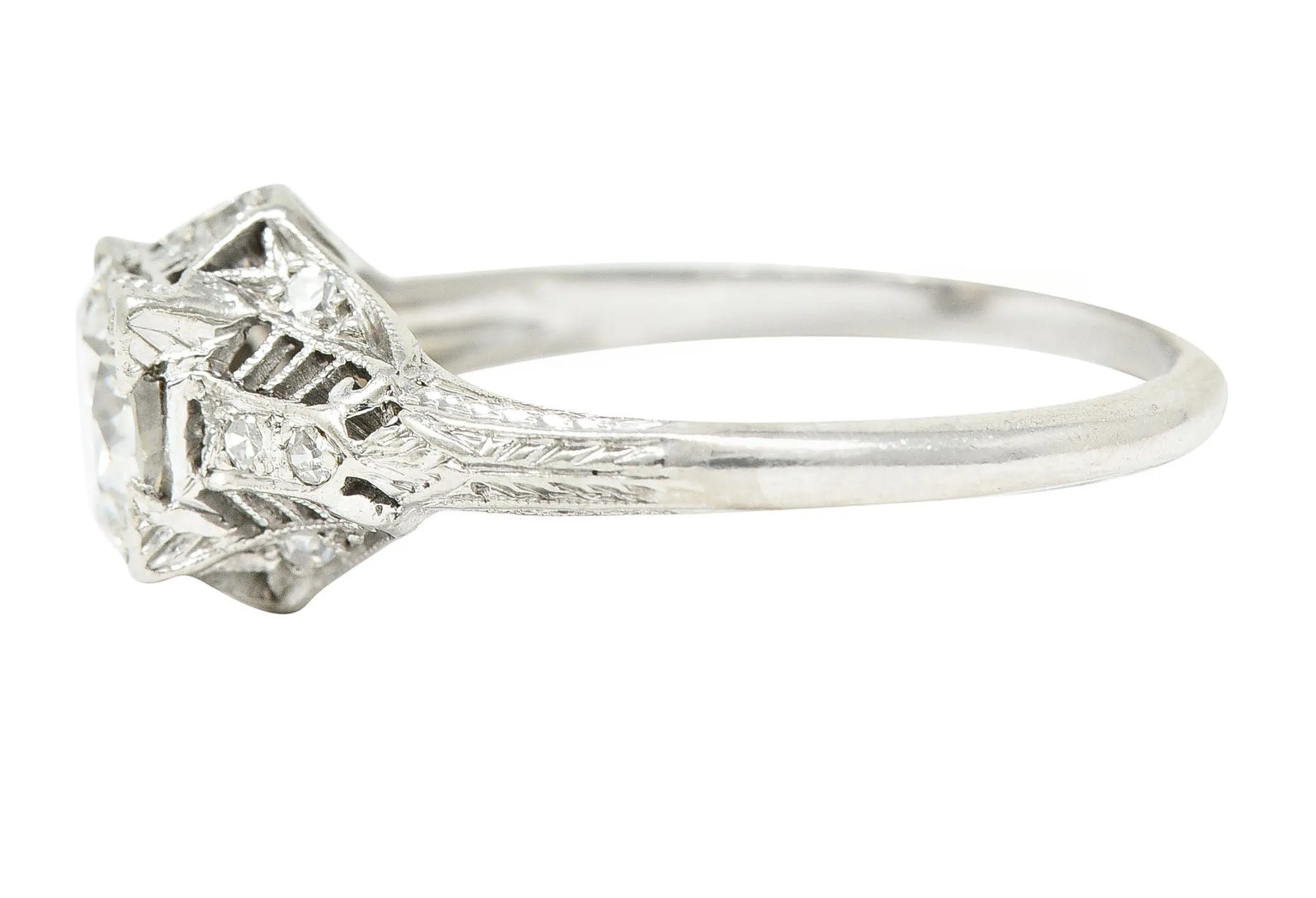 Art Deco 0.94 CTW Old European Cut Diamond Platinum Square Filigree Engagement Ring