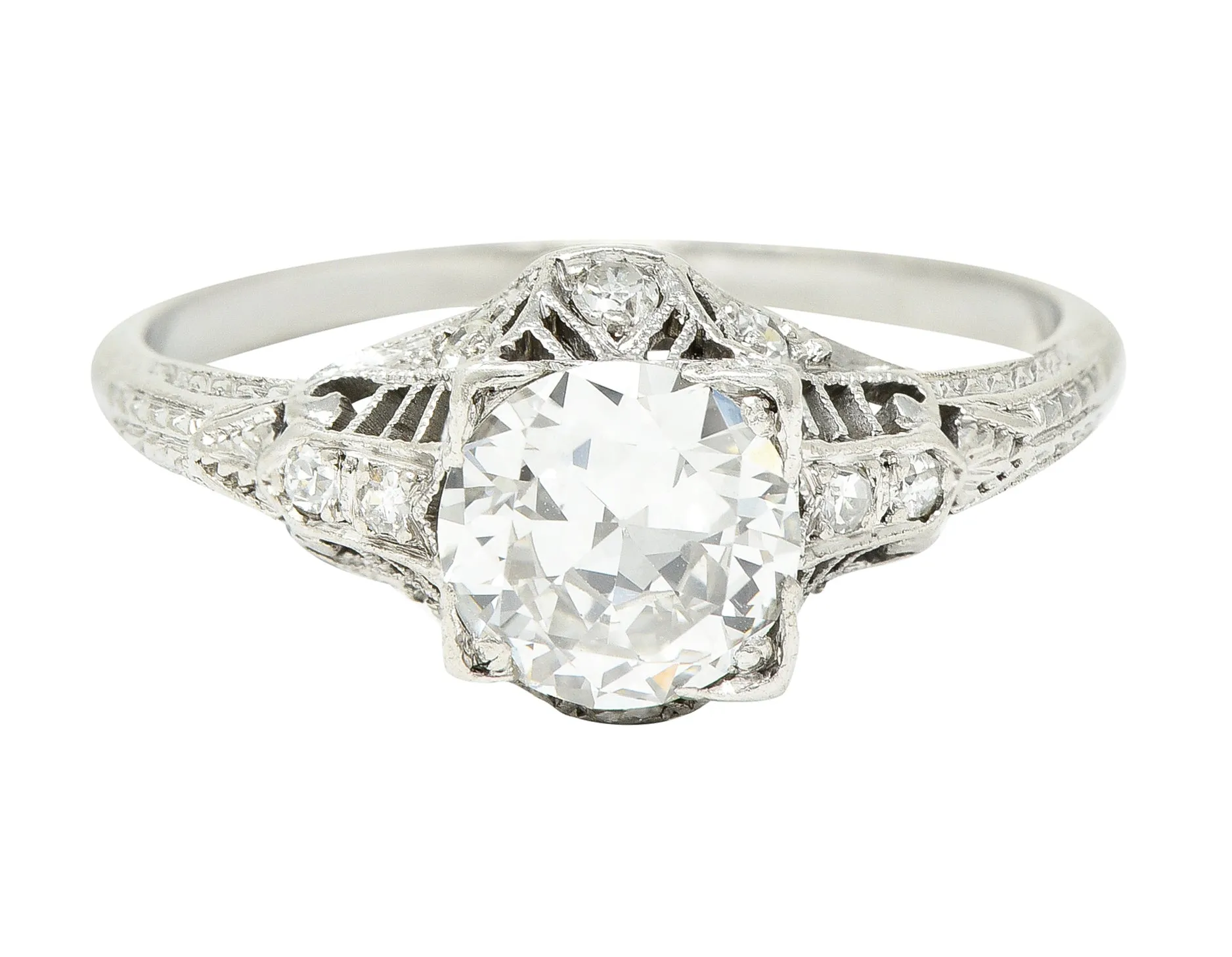 Art Deco 0.94 CTW Old European Cut Diamond Platinum Square Filigree Engagement Ring