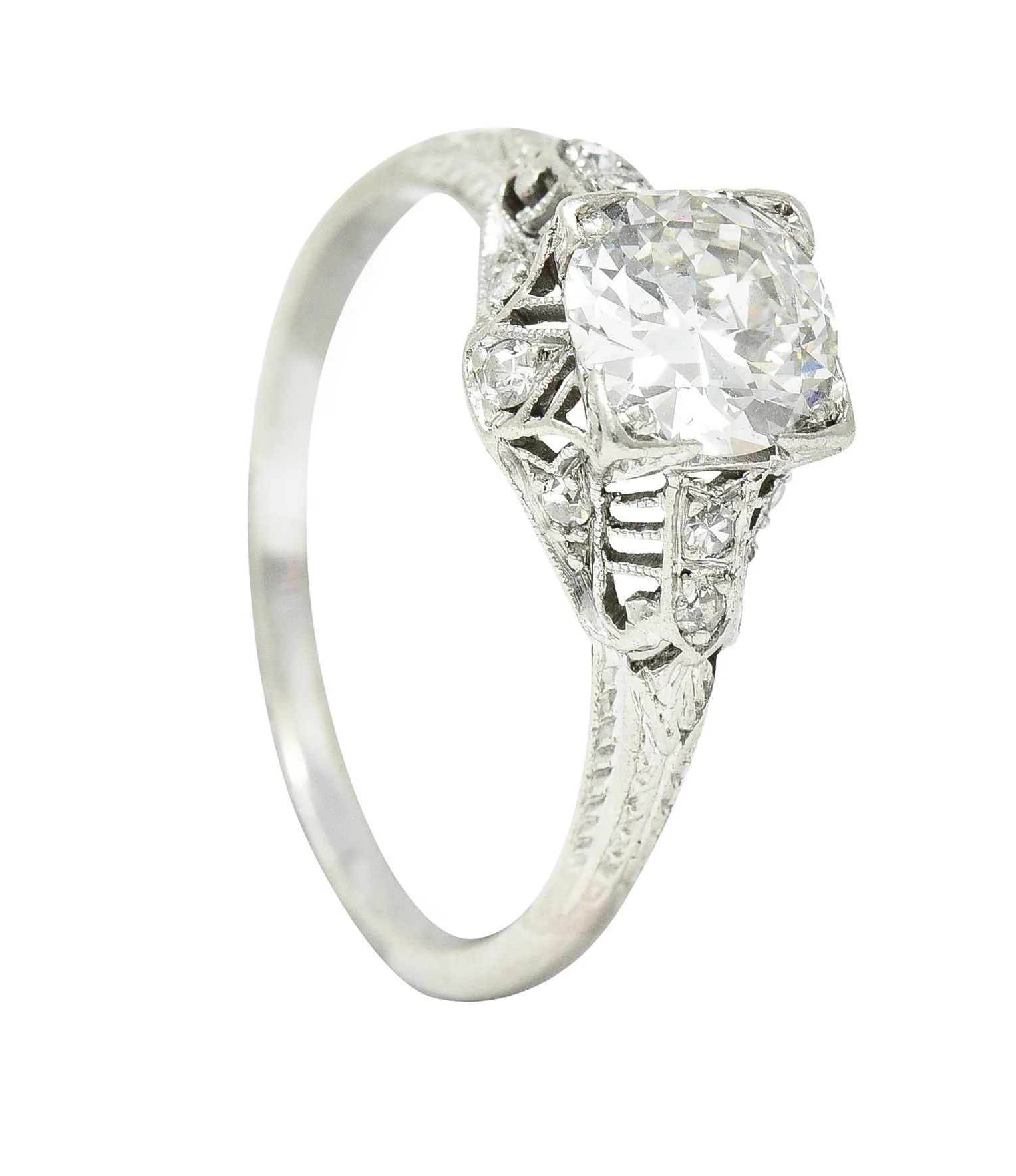 Art Deco 0.94 CTW Old European Cut Diamond Platinum Square Filigree Engagement Ring